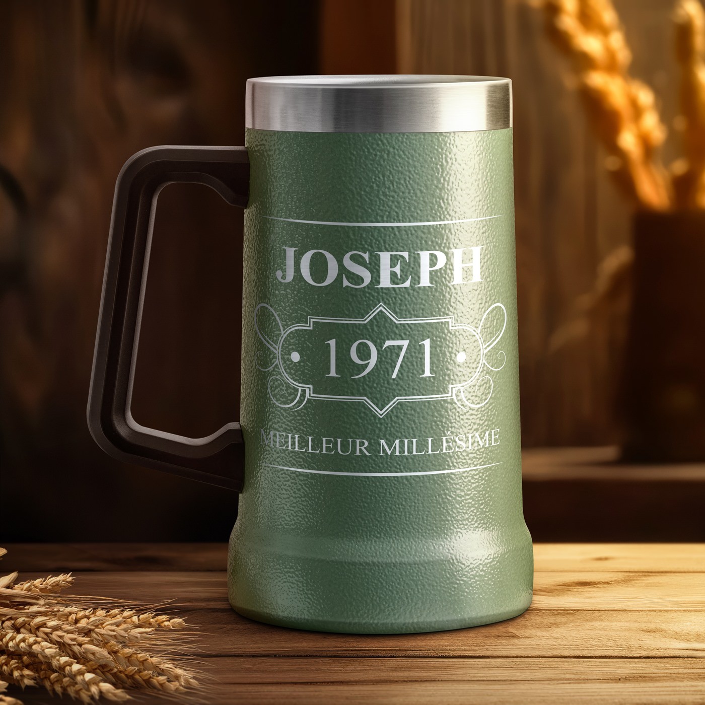 Taza de cerveza aislada - Vaso de vidrio de cerveza personalizado de acero inoxidable verde para un regalo de cumpleaños original