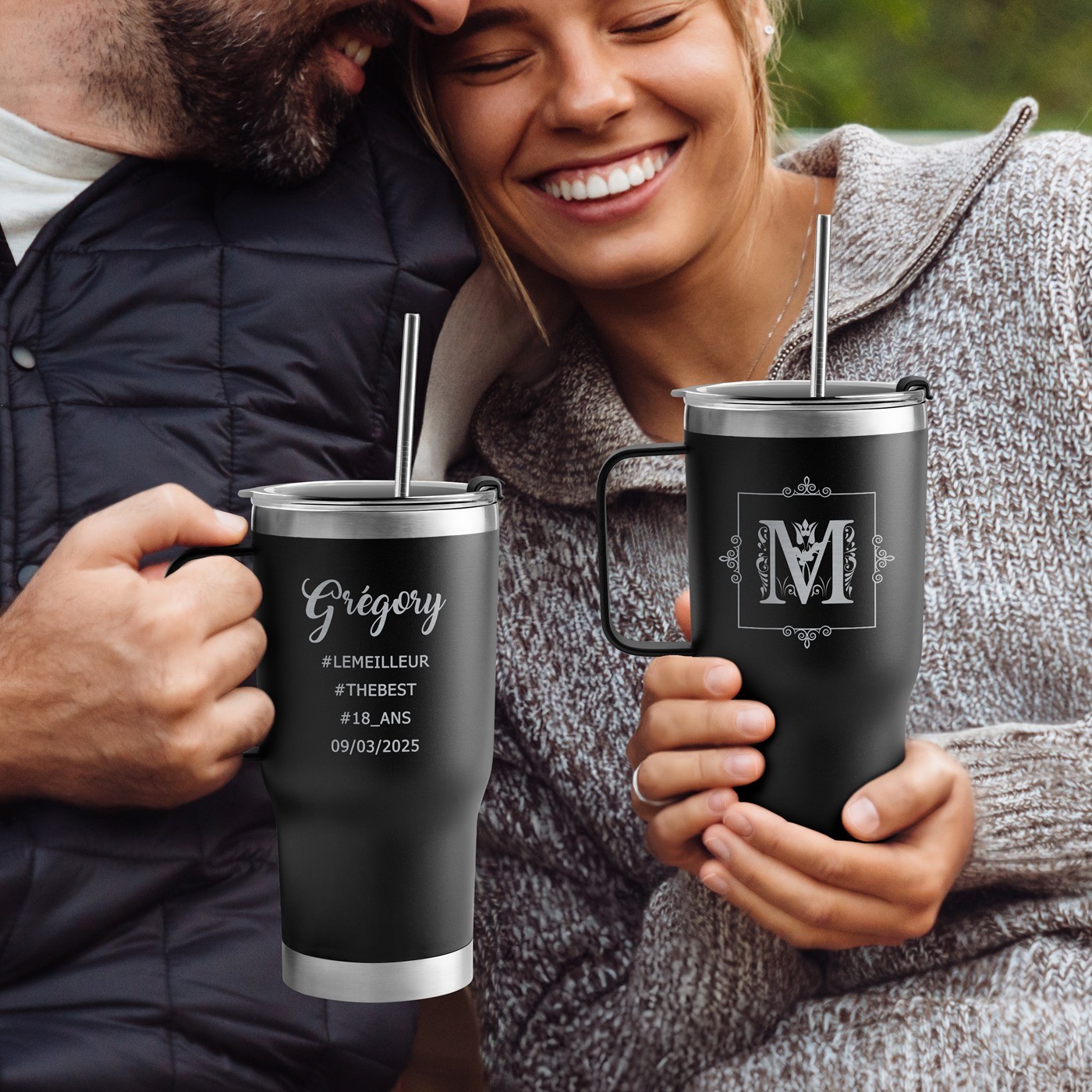 Taza de viaje personalizada de acero inoxidable - Negra