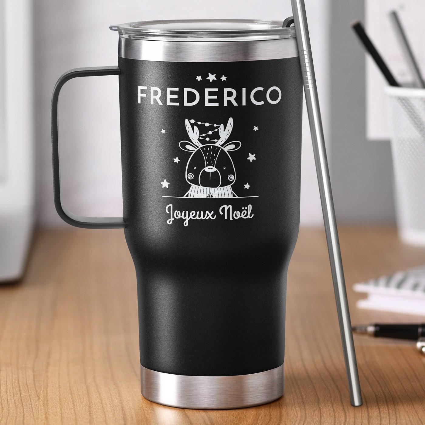 Taza aislante negra personalizada para niños - Navidad