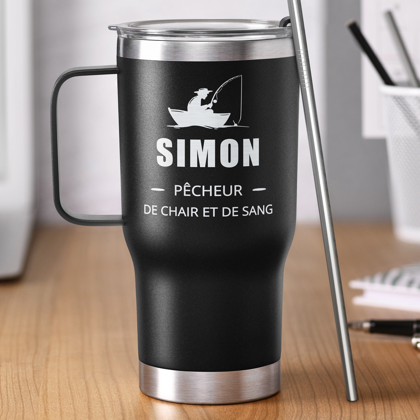 Taza aislante Murrano - Negra con grabado personalizado para un pescador
