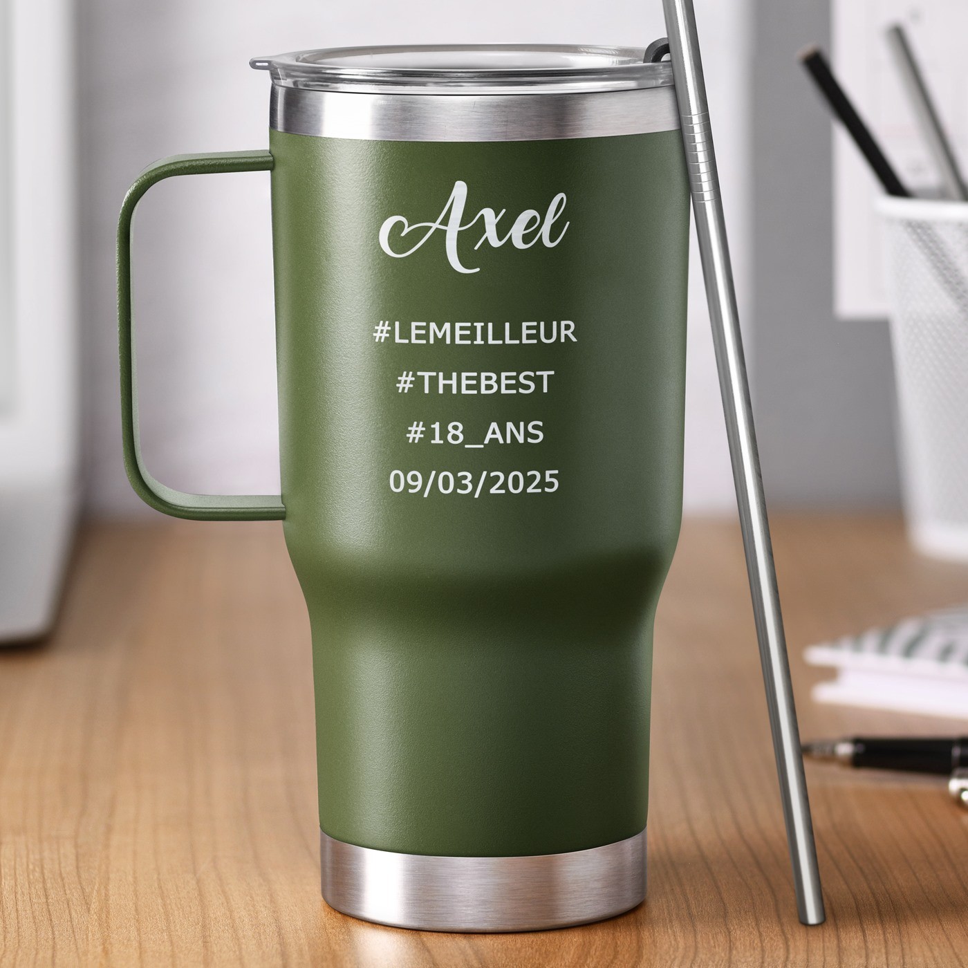 Taza de viaje Murrano - Verde con grabado para el cumpleaños número 18 de un amigo