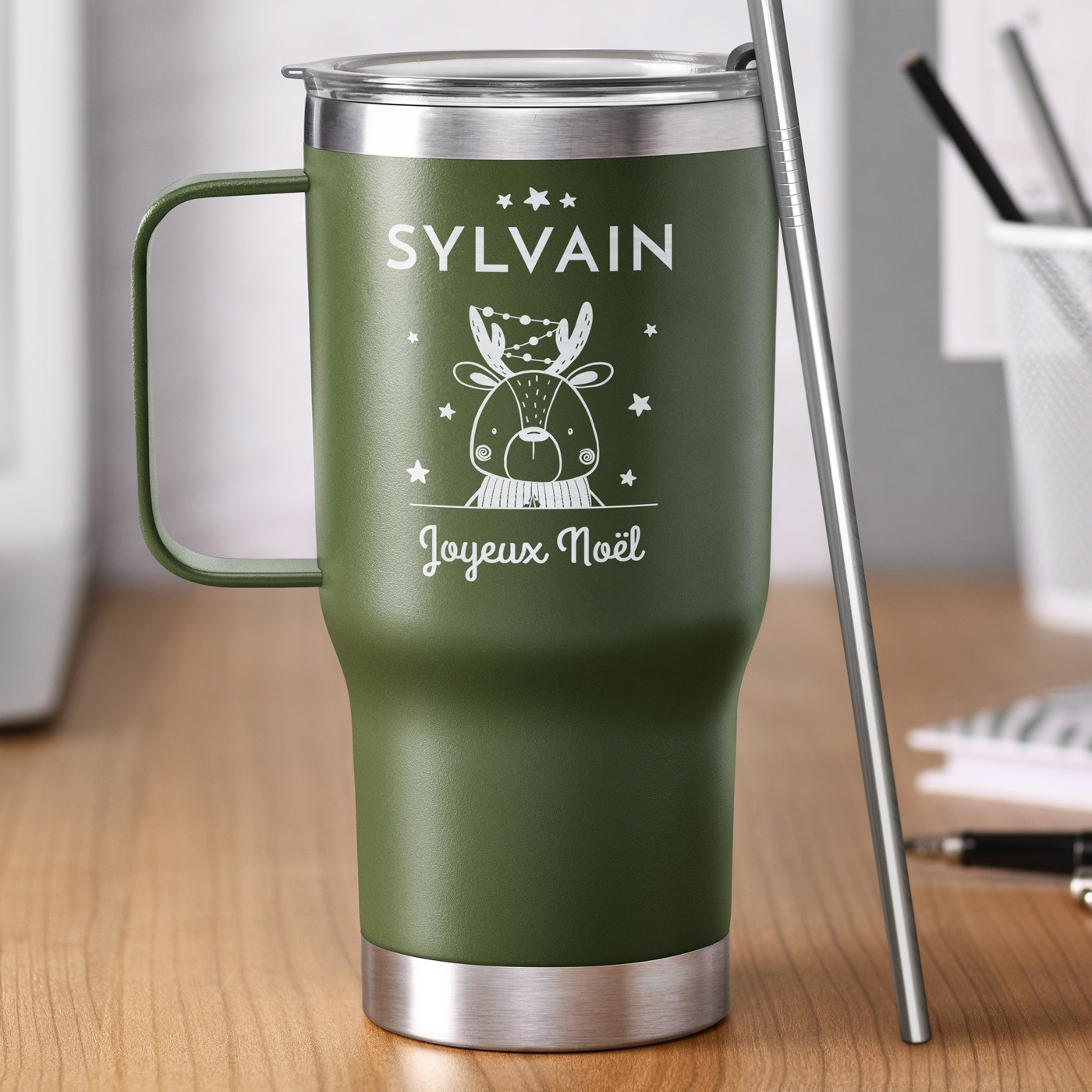 Mug de viaje personalizado Murrano - Verde para niños, edición Navidad