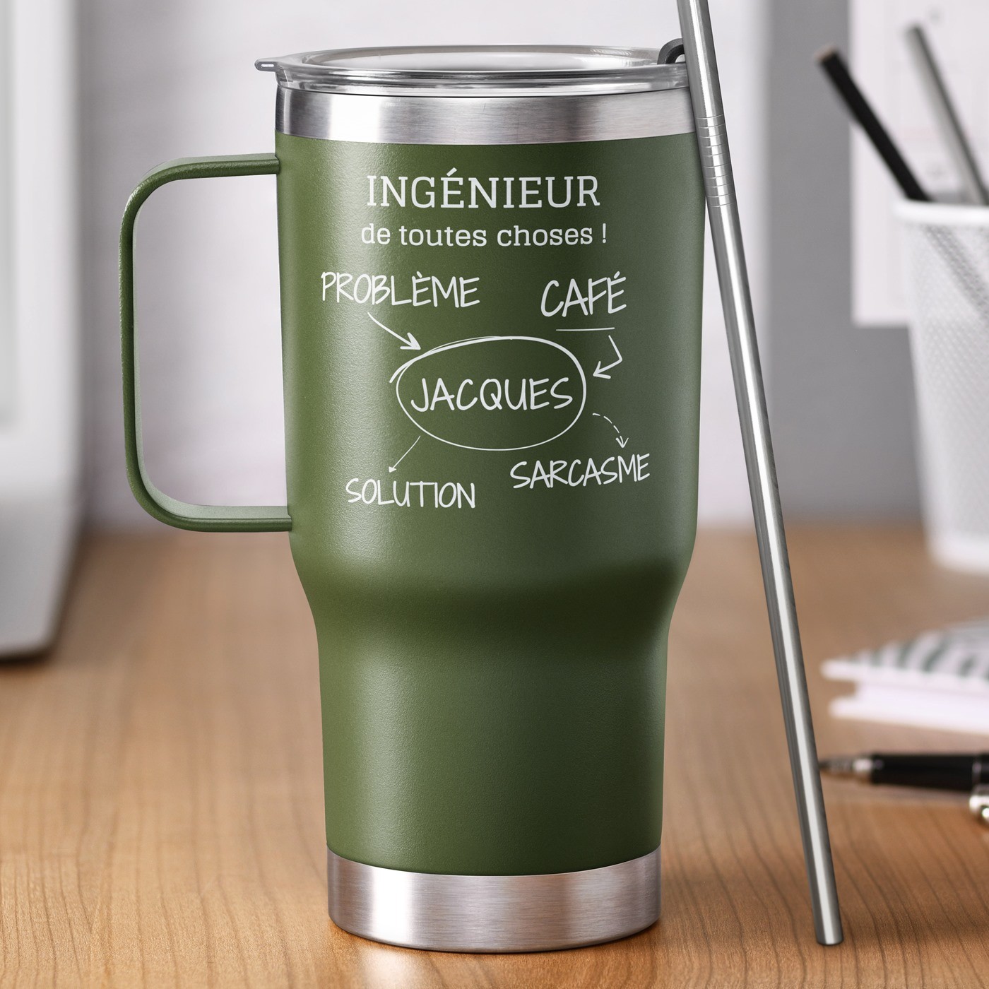 Taza de viaje verde personalizada para el cumpleaños de un ingeniero