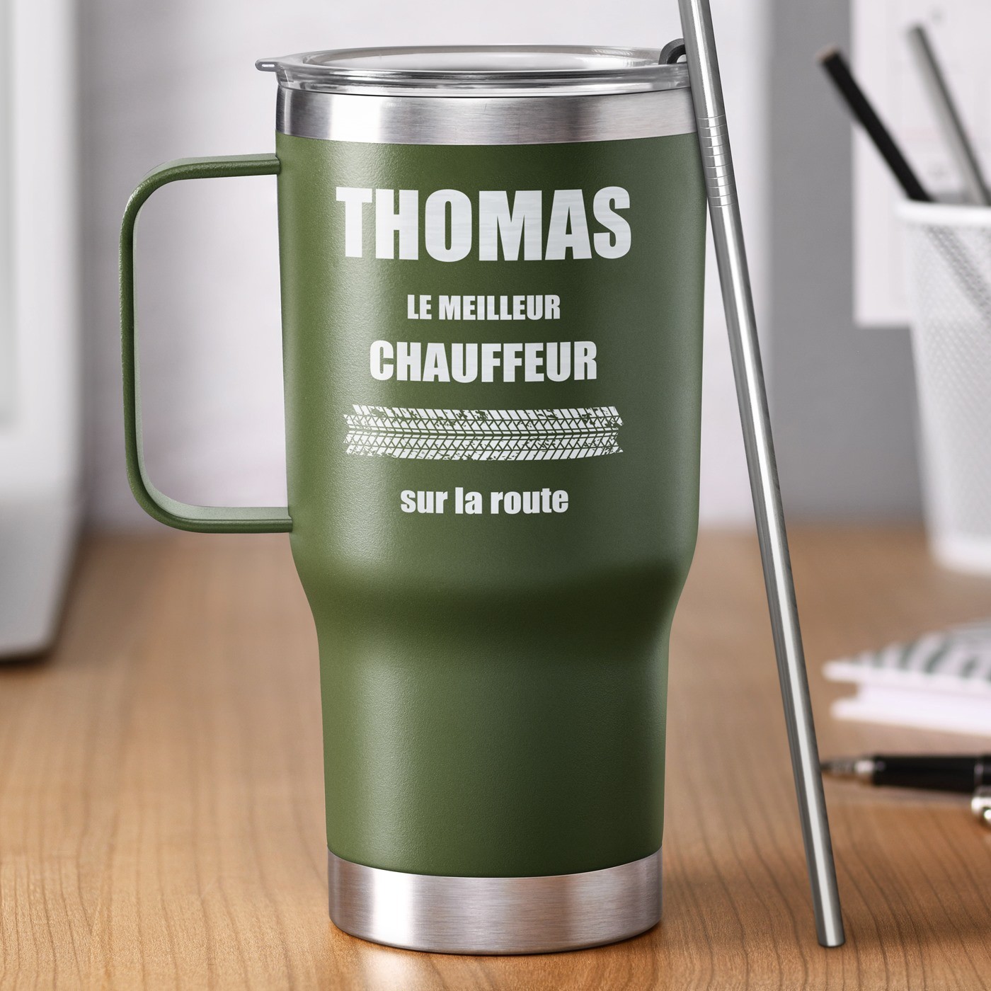 Taza térmica de viaje Murrano - Verde con grabado para el cumpleaños de un conductor