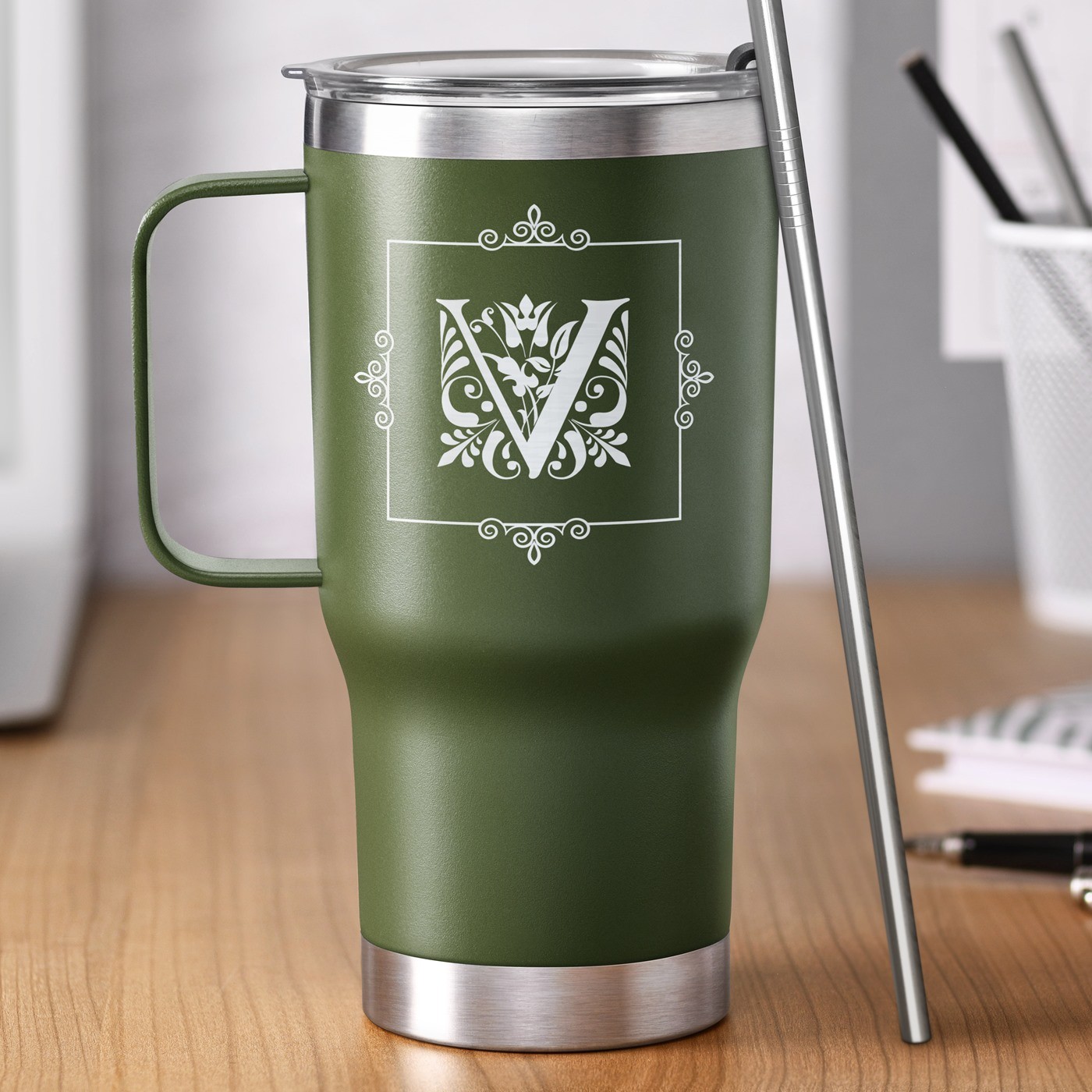 Taza de viaje Murrano - Verde con grabado para el cumpleaños de un caballero