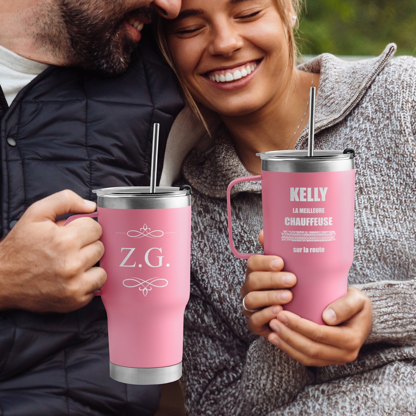 Taza térmica personalizada rosa para el cumpleaños de una conductora