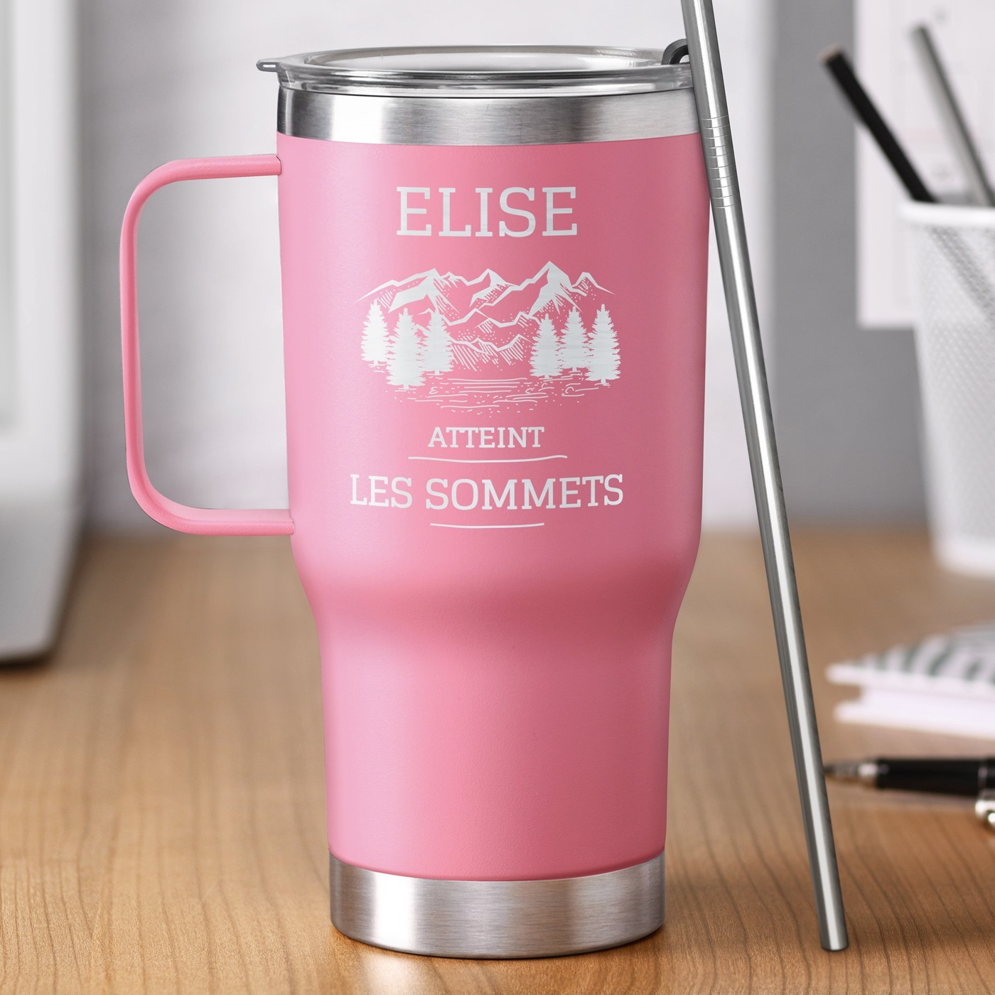 Murrano Thermal Mug - Pink with Engraving for a Mountain Lover's Birthday