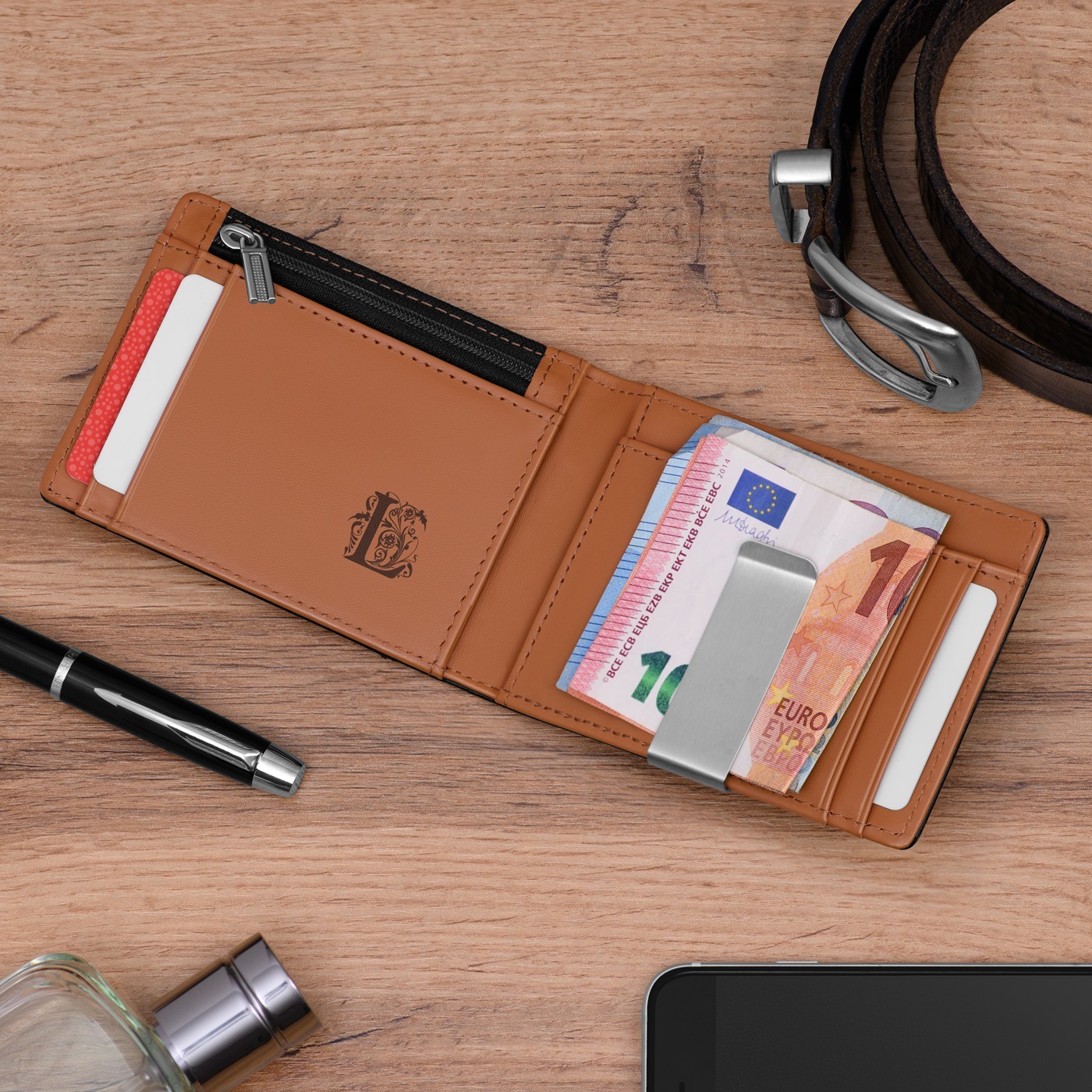 Cartera Murrano Slim de Cuero Negro con Forro Marrón Personalizado para Papá