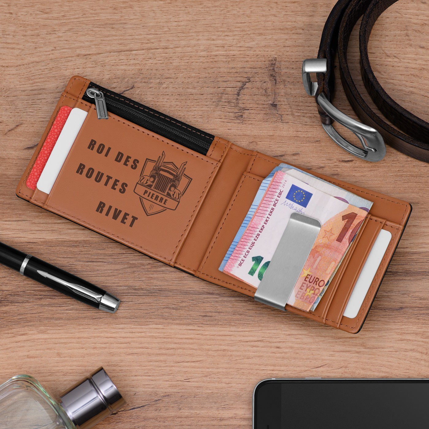 Monedero de cuero delgado de Murrano negro brillante con interior marrón y grabado personalizado para el Día del Padre