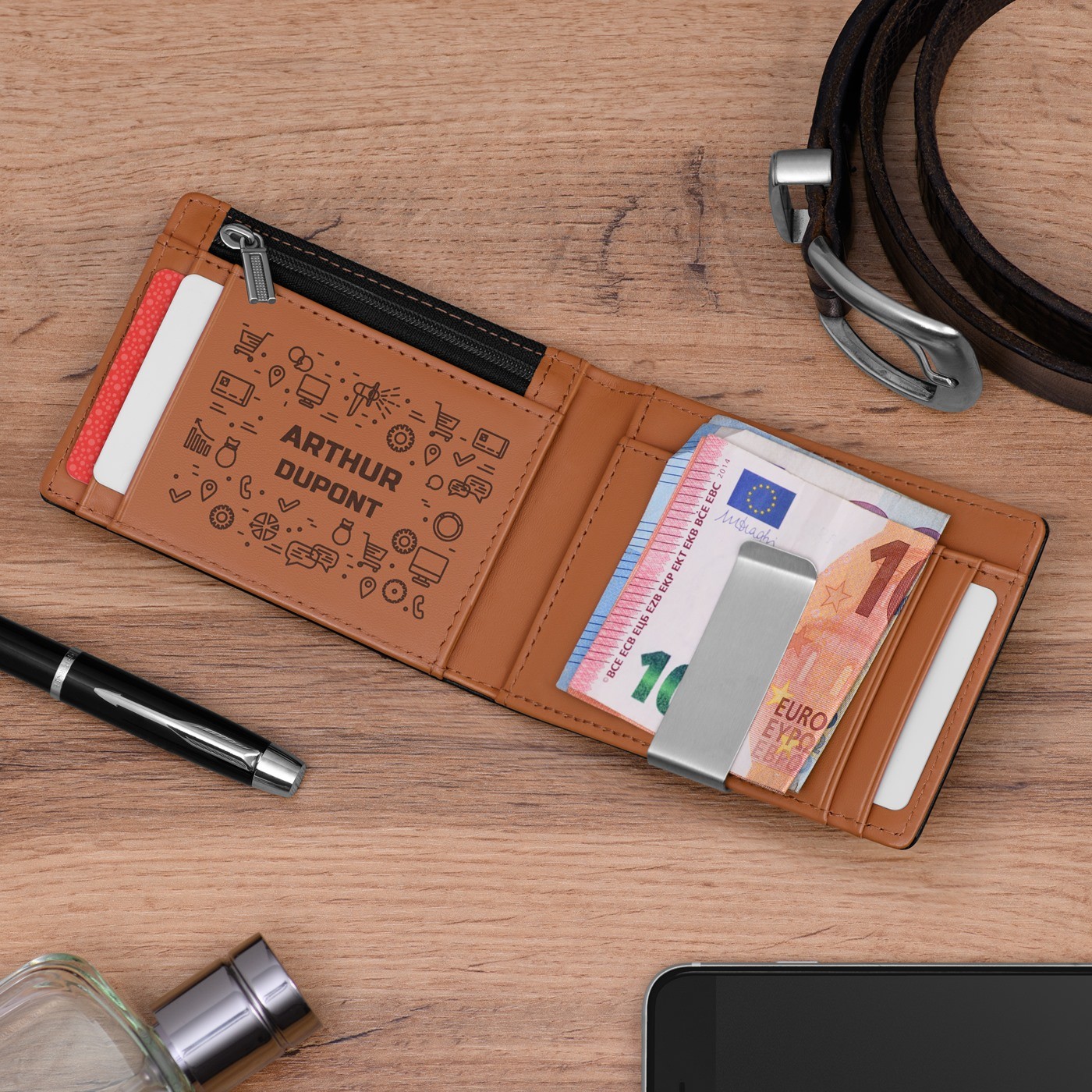Monedero de Cuero Murrano Slim Negro con Interior Marrón y Grabado de Aniversario para Bricolador