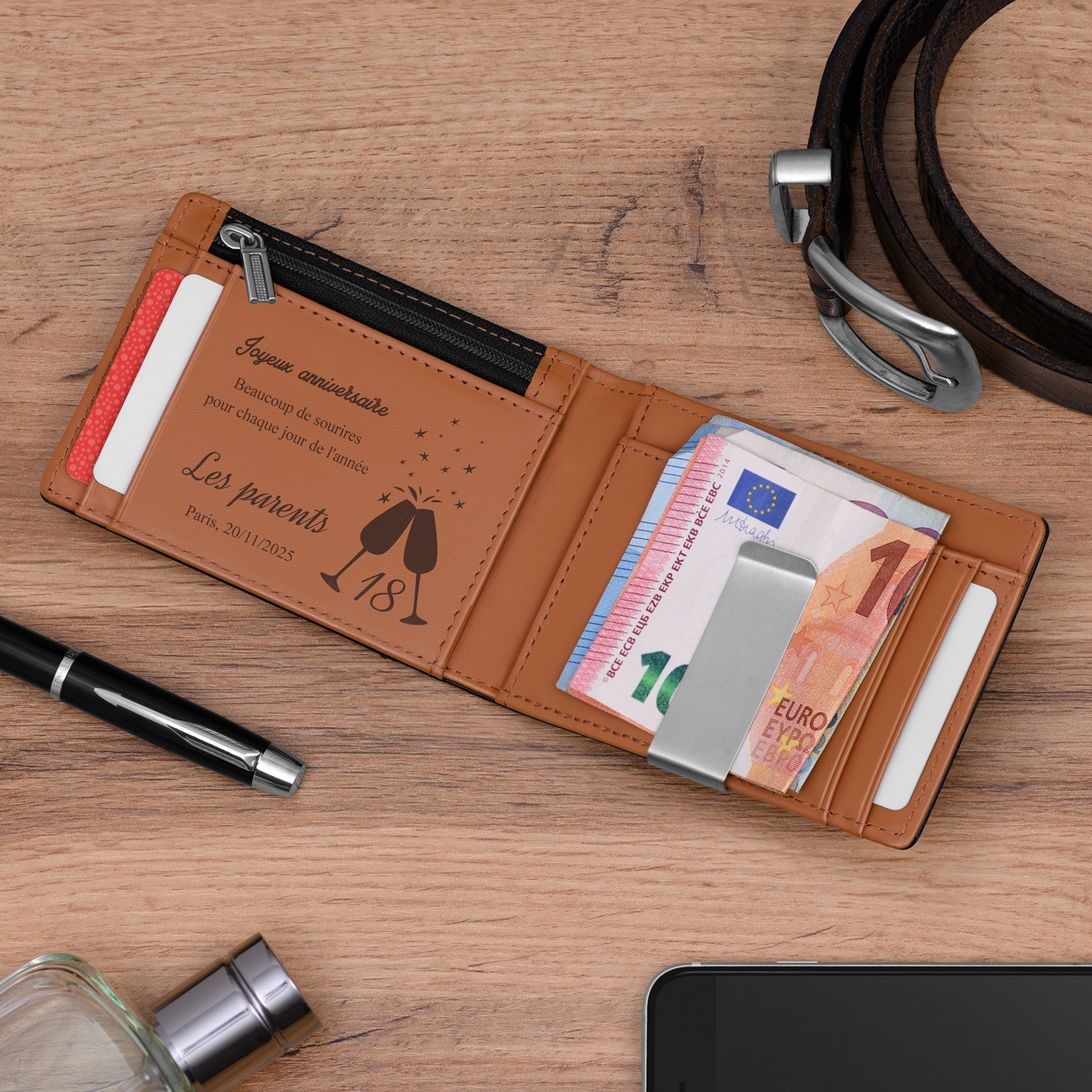 Billetera de cuero delgada Murrano - Negra con interior marrón y grabado personalizado