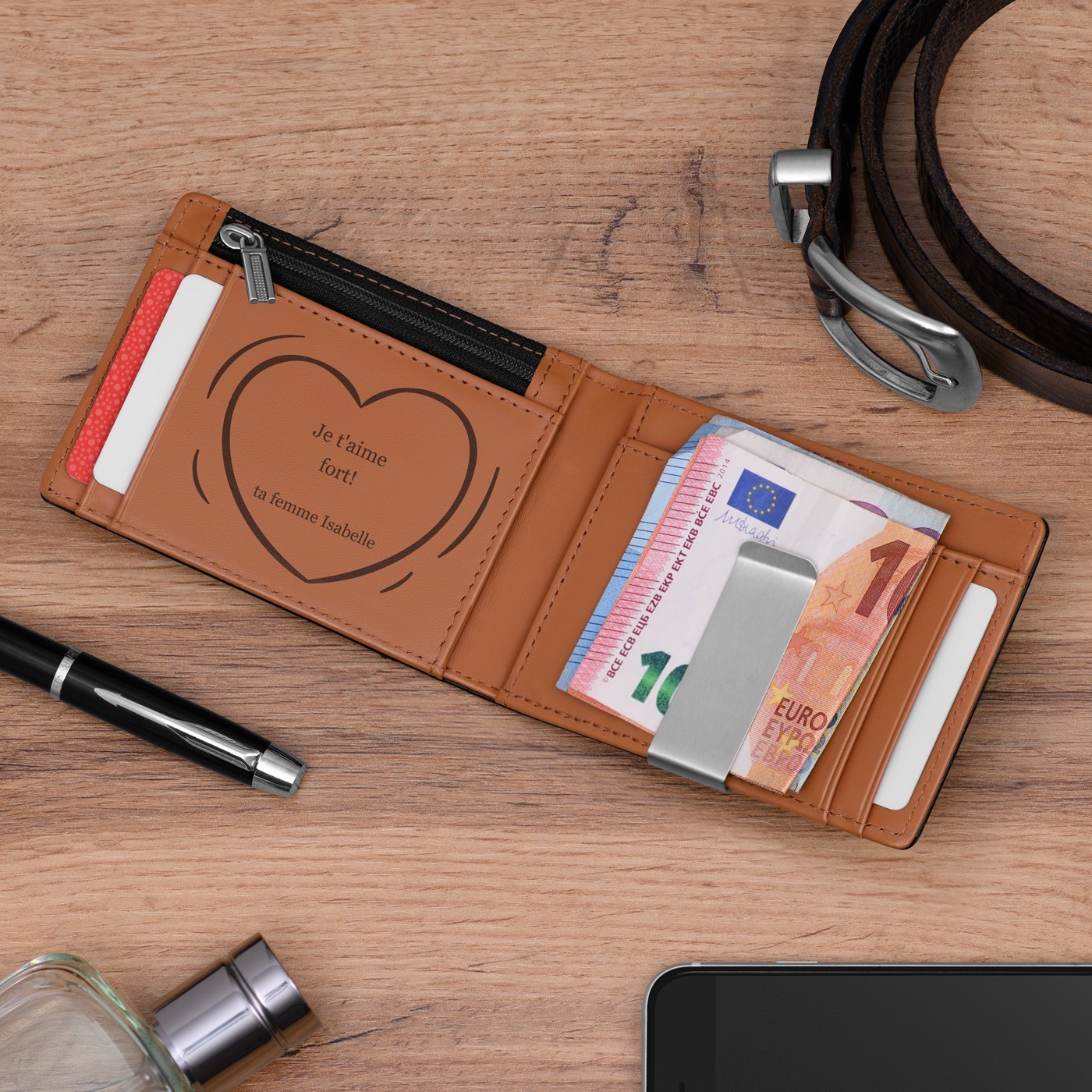 Billetera de cuero delgada Murrano negra con interior marrón personalizada para marido por el Día de San Valentín