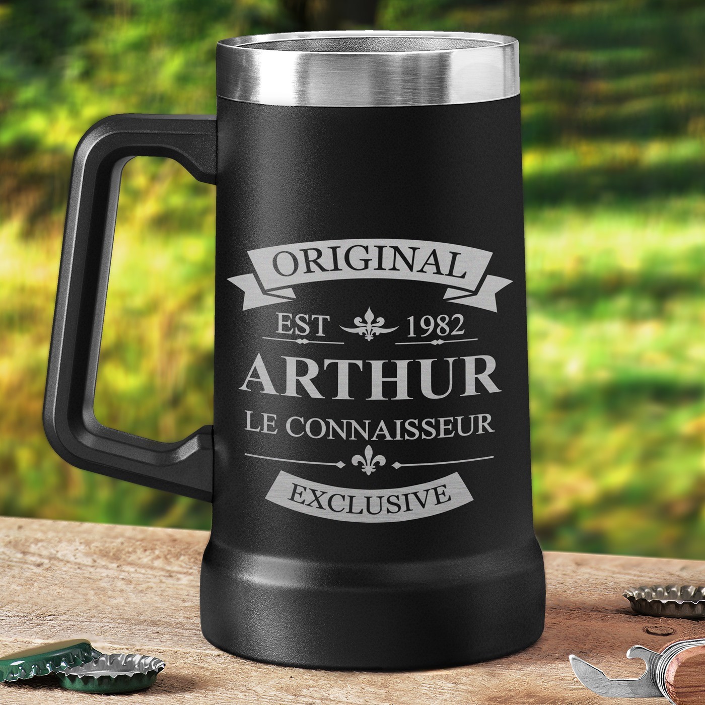 Taza de cerveza Murrano aislante - Negra con grabado personalizado