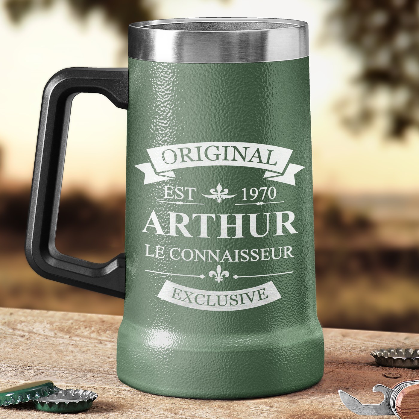 Taza de cerveza aislada de acero inoxidable con grabado personalizado para hombre