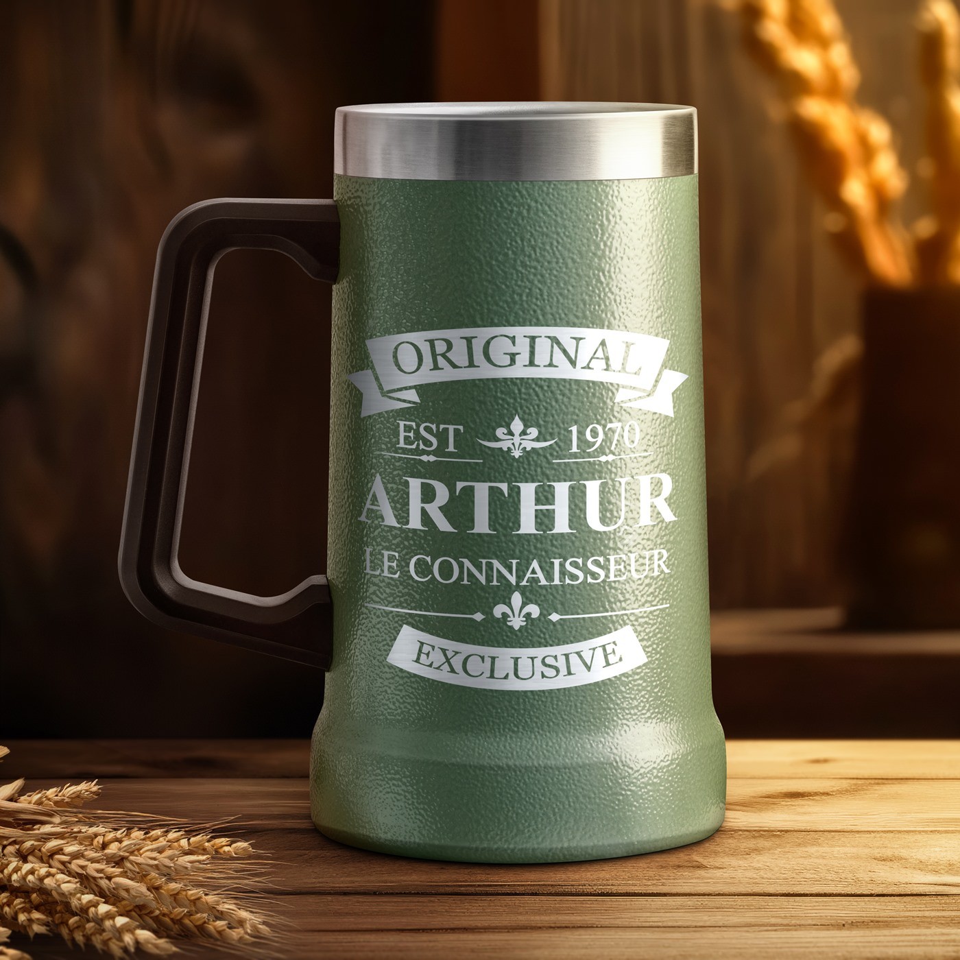 Taza de cerveza aislada de acero inoxidable con grabado personalizado para hombre