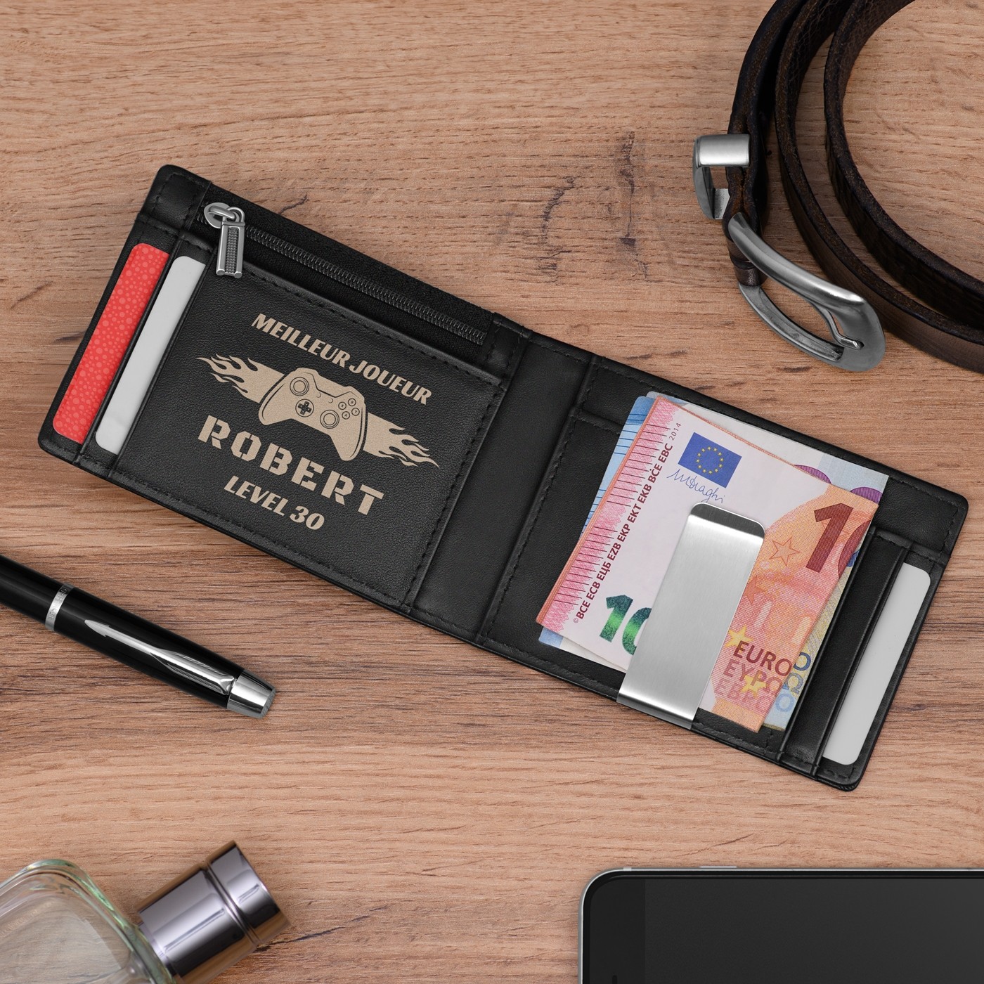Billetera de cuero negro liso delgado personalizada para hombres