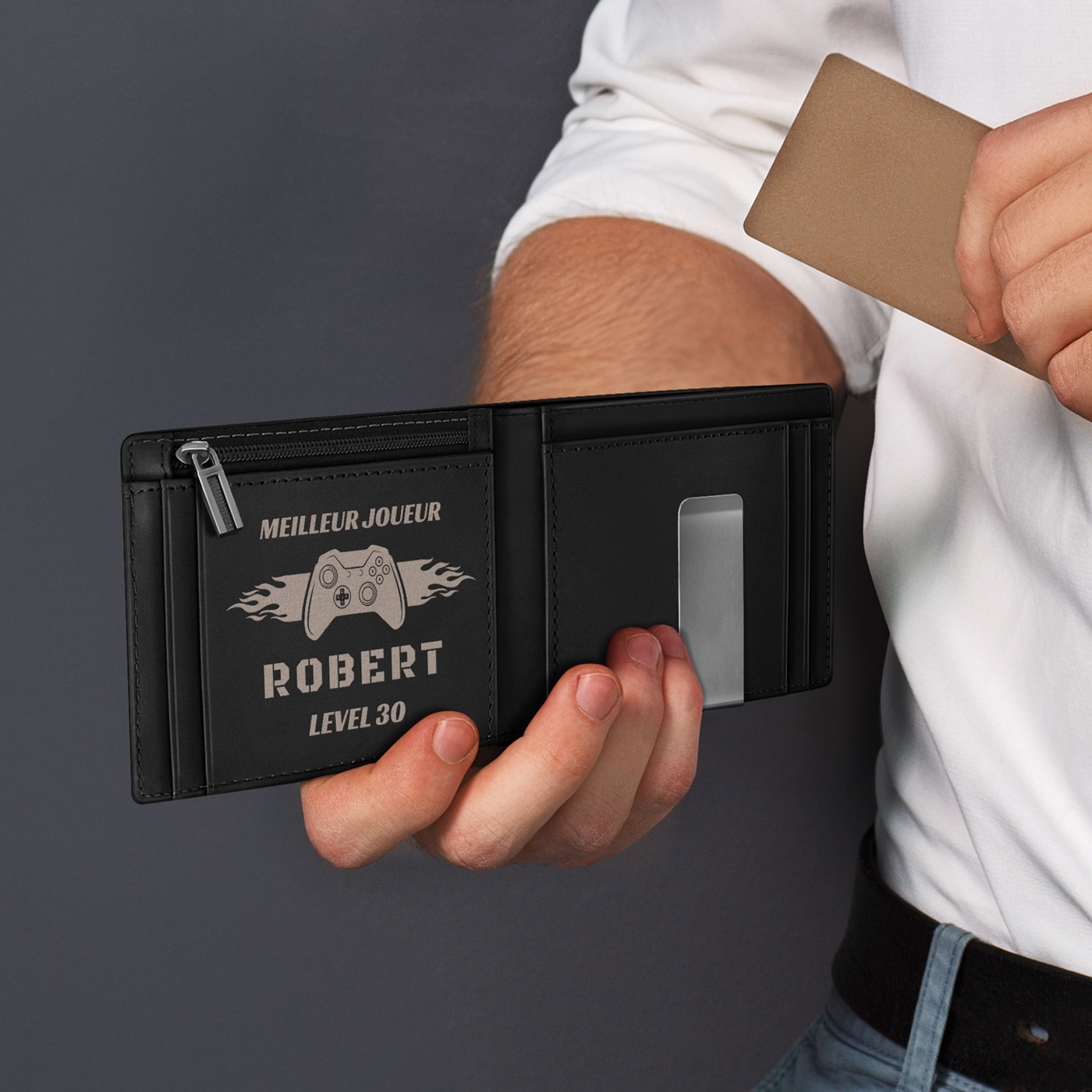 Billetera de cuero negro liso delgado personalizada para hombres