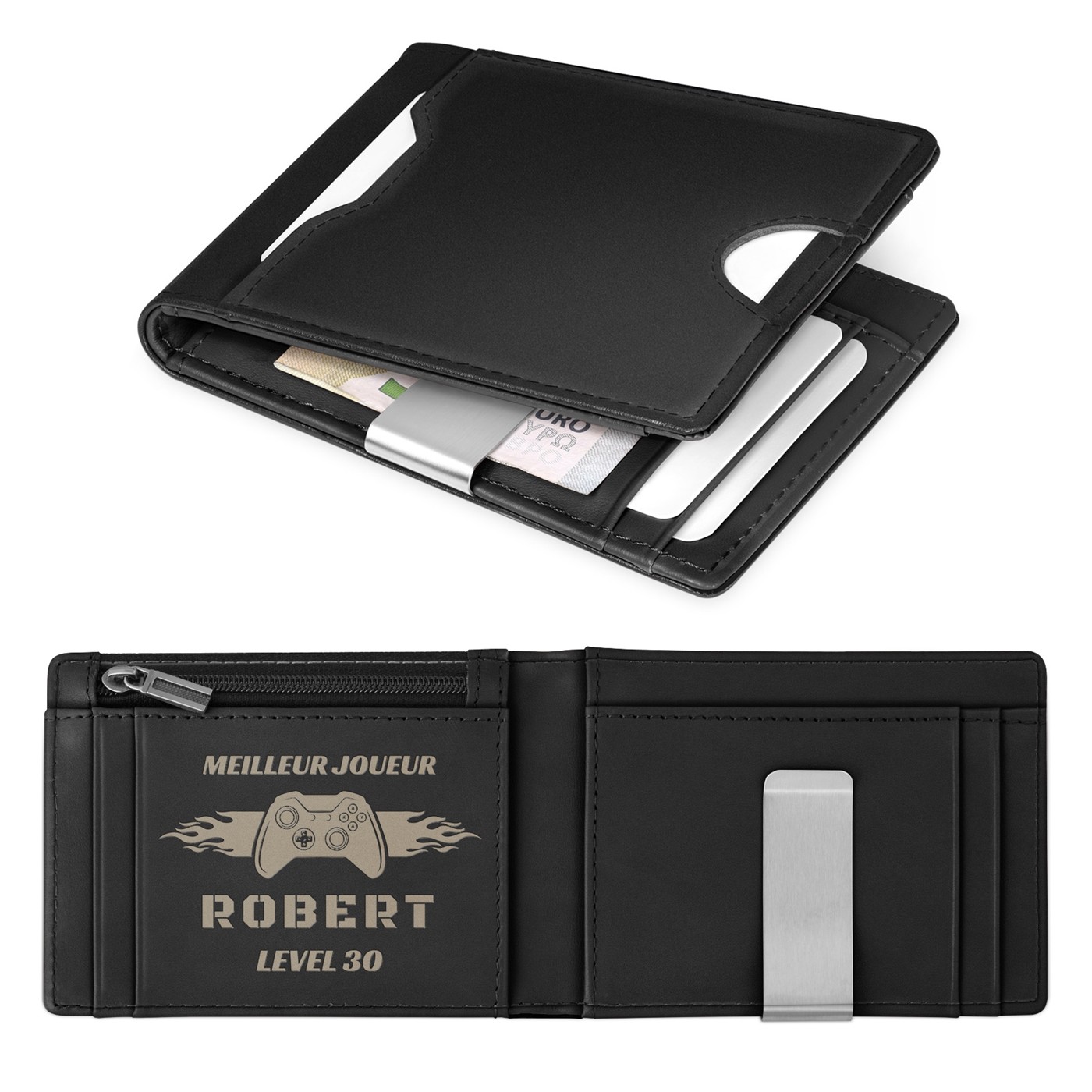 Billetera de cuero negro liso delgado personalizada para hombres