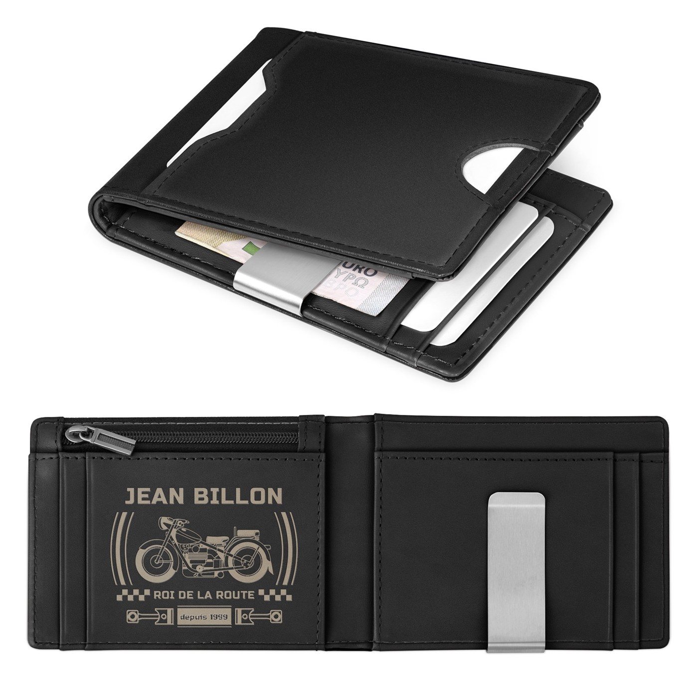 Monedero Murrano Slim de Cuero Negro con Grabado Personalizado para Motociclista