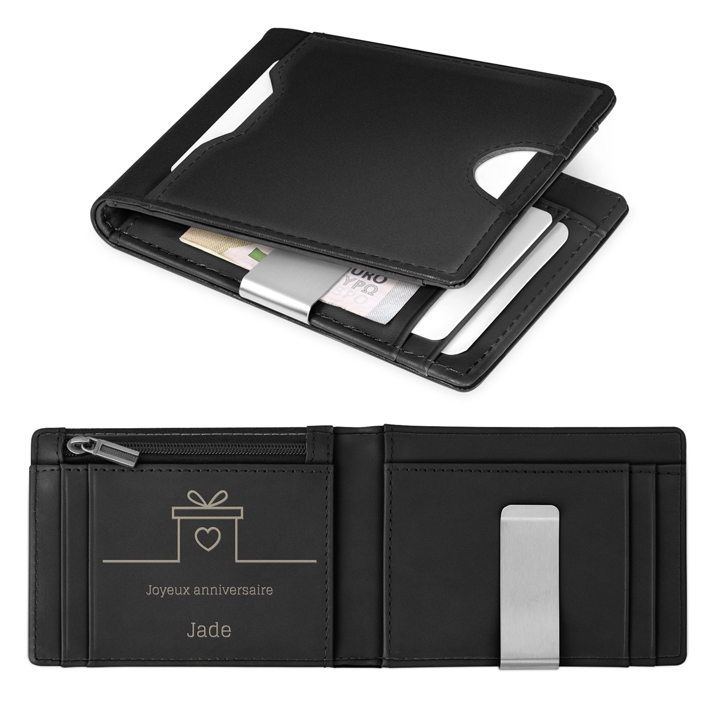 Billetera Murrano Slim de Cuero Negro Liso Personalizada para Novio