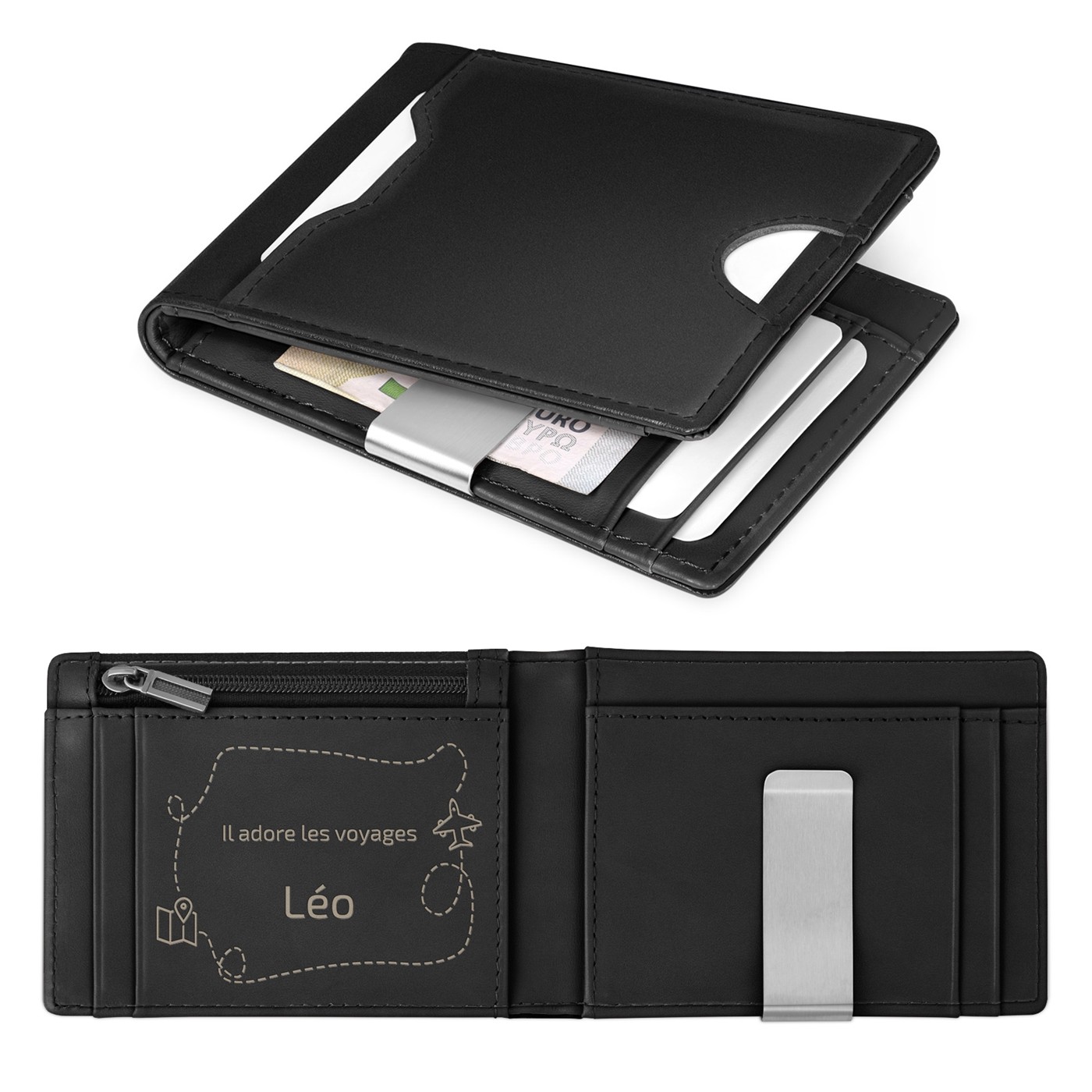 Billetera de cuero negro fina con grabado personalizado