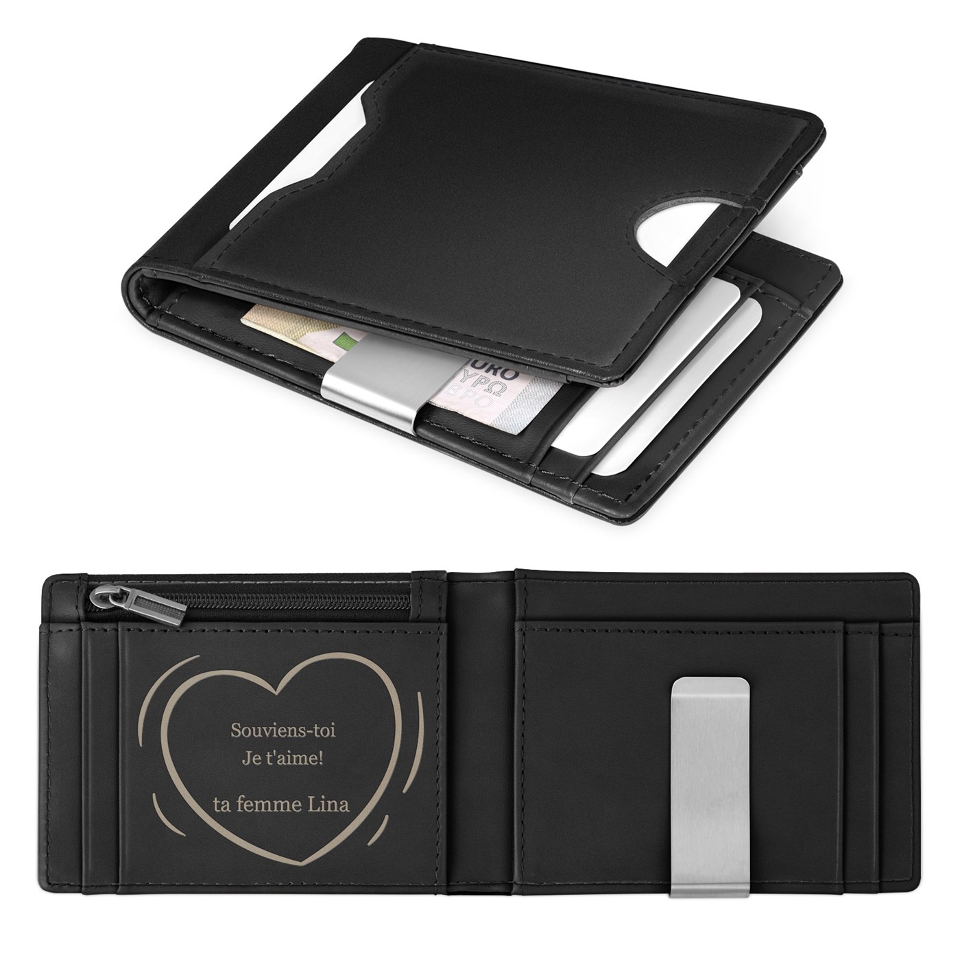 Billetera Murrano Slim de Cuero Negro Liso con Grabado para Regalo de Aniversario de Matrimonio para Marido