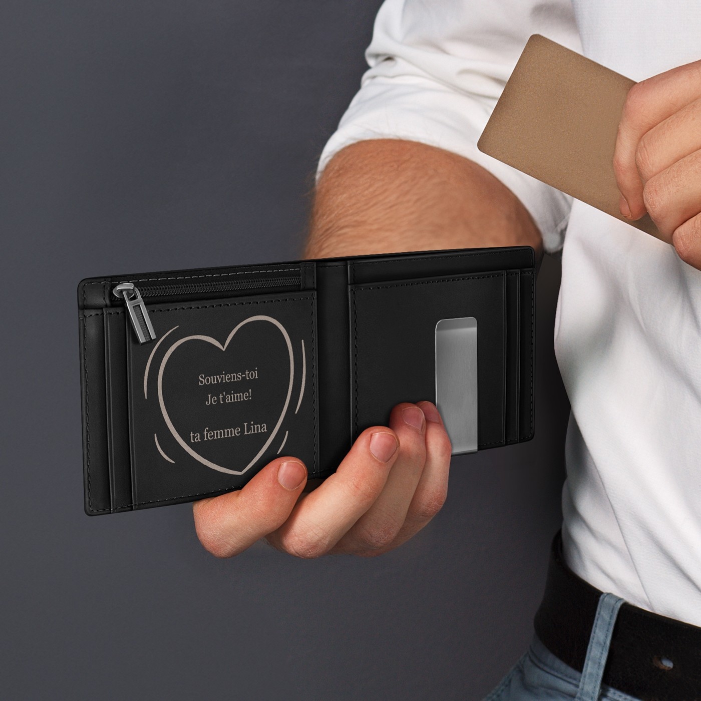 Billetera Murrano Slim de Cuero Negro Liso con Grabado para Regalo de Aniversario de Matrimonio para Marido
