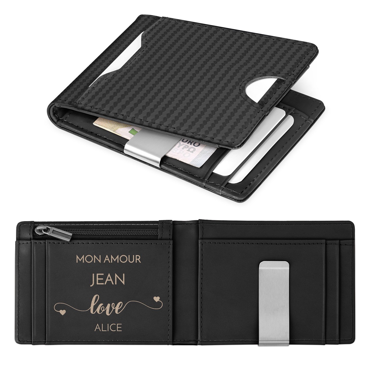 Billetera Delgada de Cuero Negro Carbono Personalizada para Marido Cumpleaños de Matrimonio