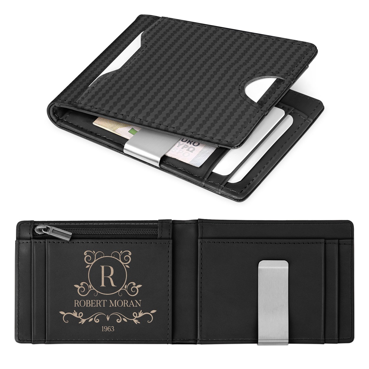 Billetera delgada personalizada de Murrano en cuero negro con diseño de carbono para el aniversario de un chef
