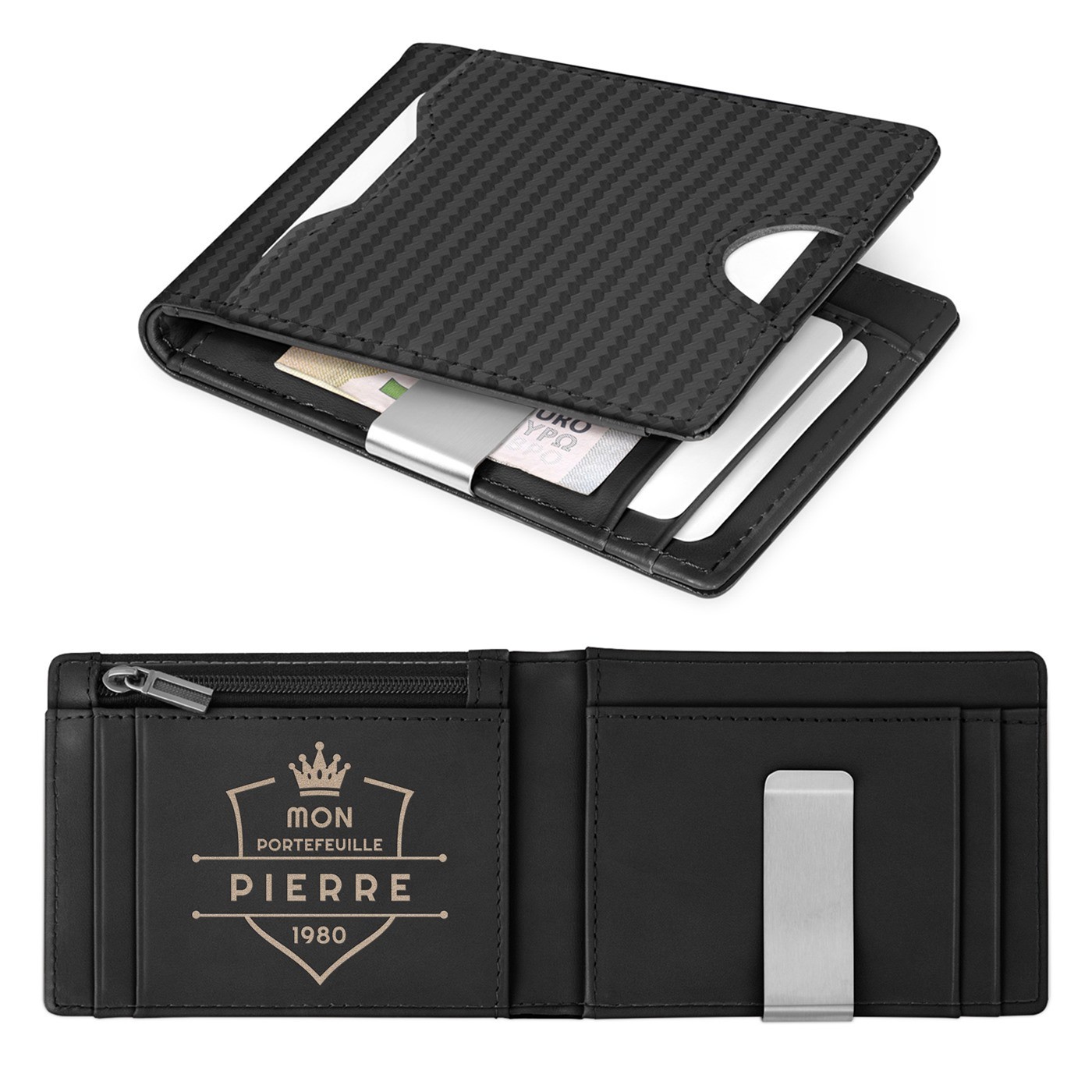 Billetera delgada de cuero negro carbono personalizada Murrano