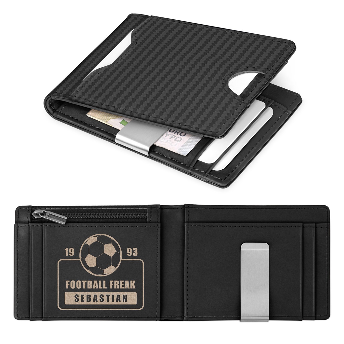 Billetera Delgada de Cuero Negro de Carbón Personalizada para un Aficionado al Fútbol