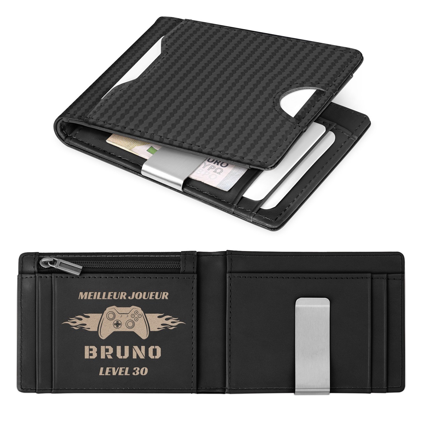 Billetera de cuero negro carbono Slim de Murrano para el cumpleaños número 30 de un hombre