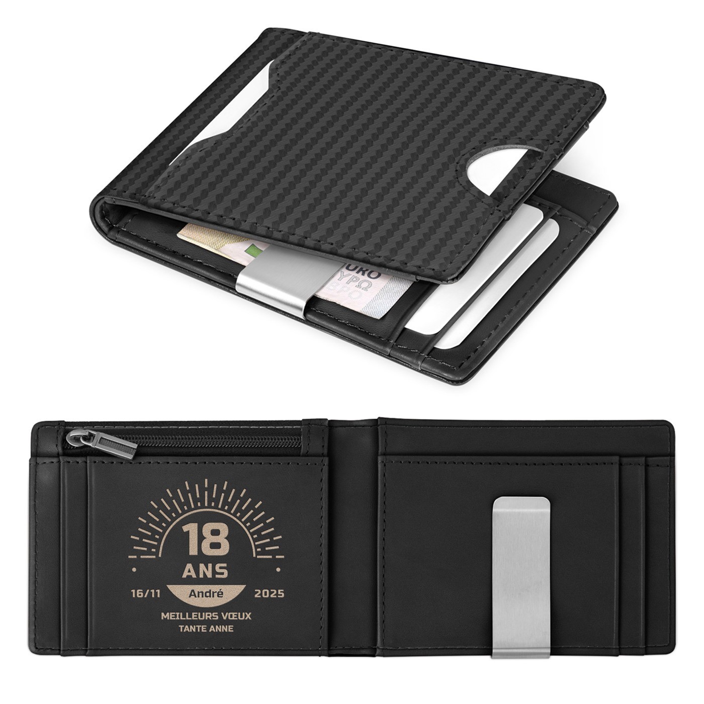 Billetera Delgada de Cuero Negro de Carbono Personalizada para el Cumpleaños Número 18 de Mi Sobrino