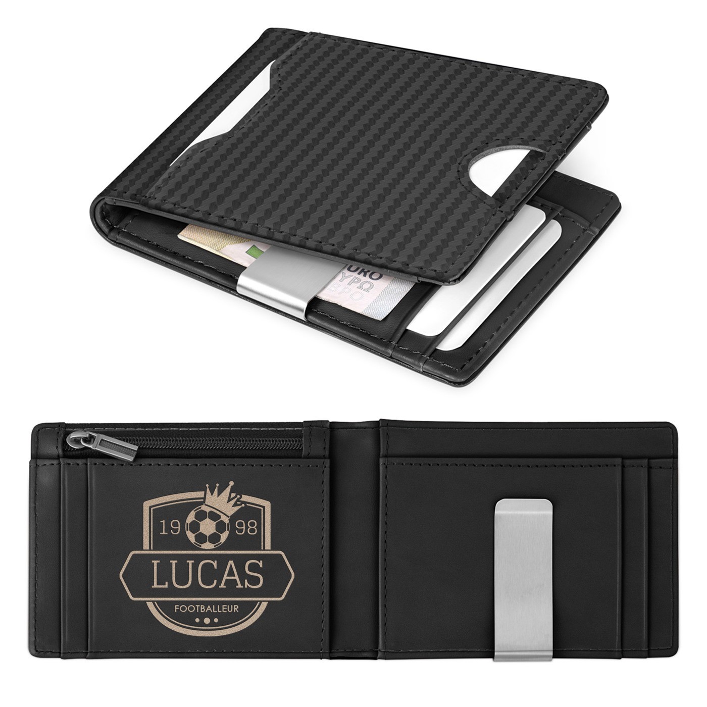 Billetera Delgada Murrano de Cuero Negro Carbono con Grabado Personalizado para el Cumpleaños de un Primo