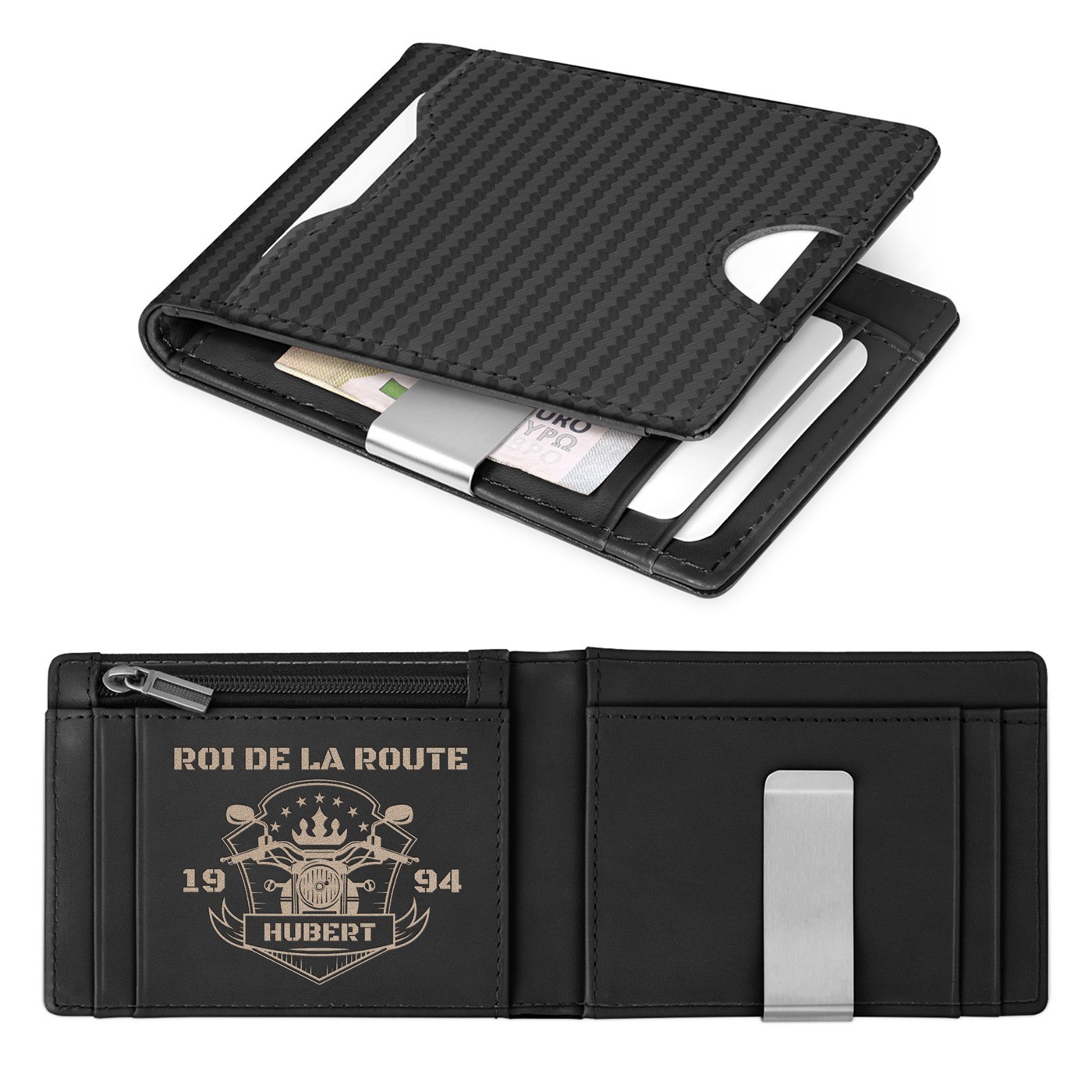 Monedero Slim de Cuero Negro Carbón con Grabado Personalizado para el Cumpleaños de Papá