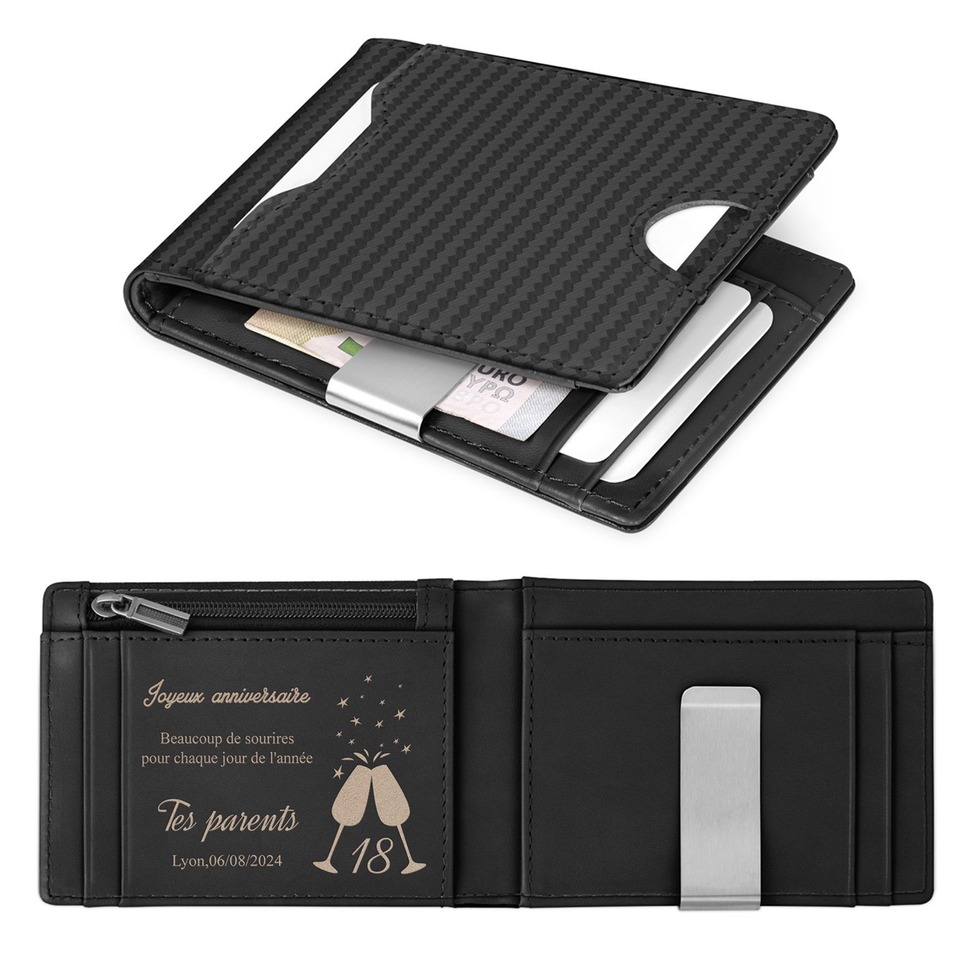 Billetera Murrano Slim de Cuero Negro Carbón con Grabado Personalizado para el Cumpleaños de su Hijo