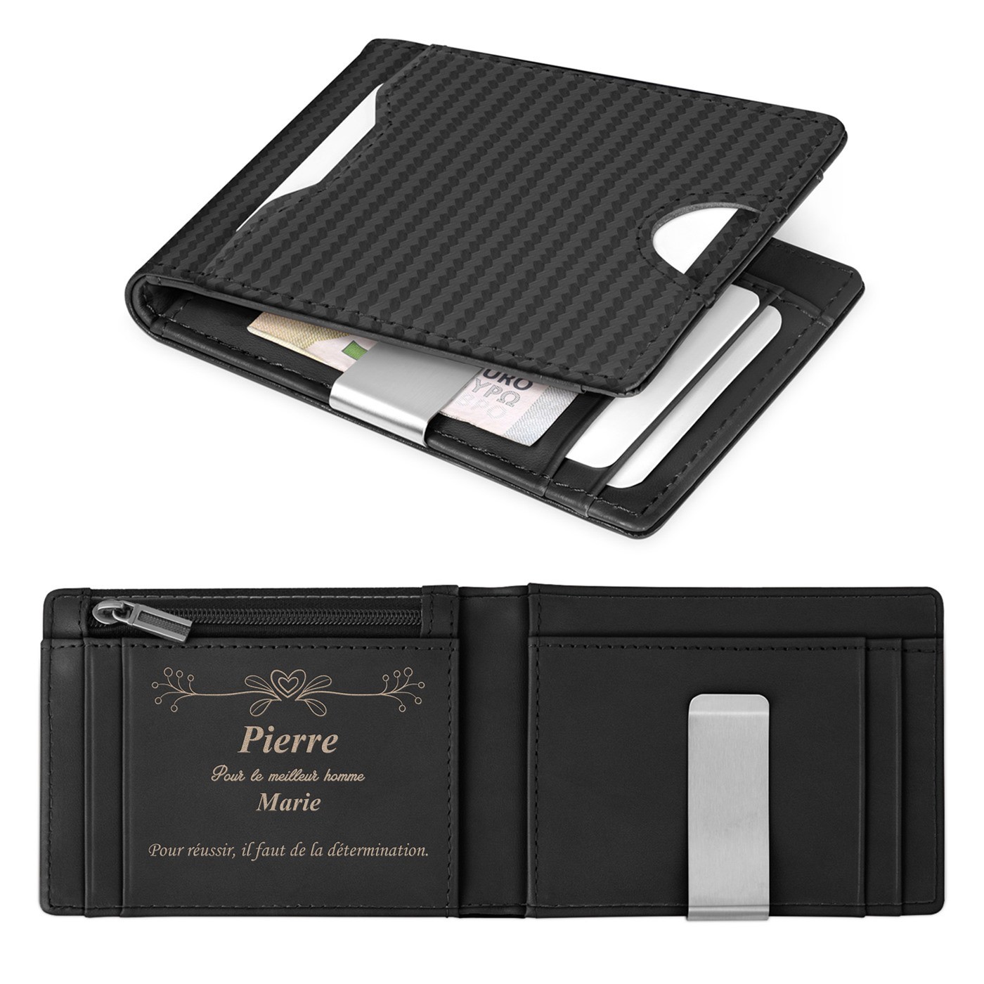 Billetera de cuero negro carbono Slim de Murrano - Regalo personalizado para el Día de San Valentín para hombres