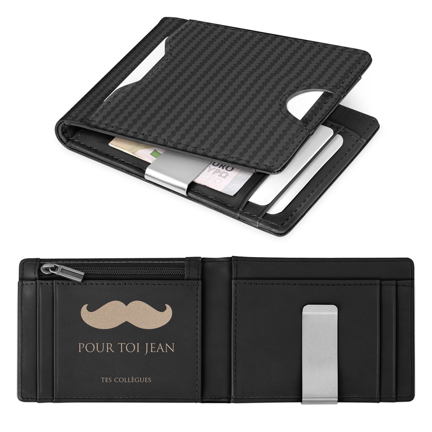 Billetera delgada de cuero negro carbono personalizada para el cumpleaños de un colega