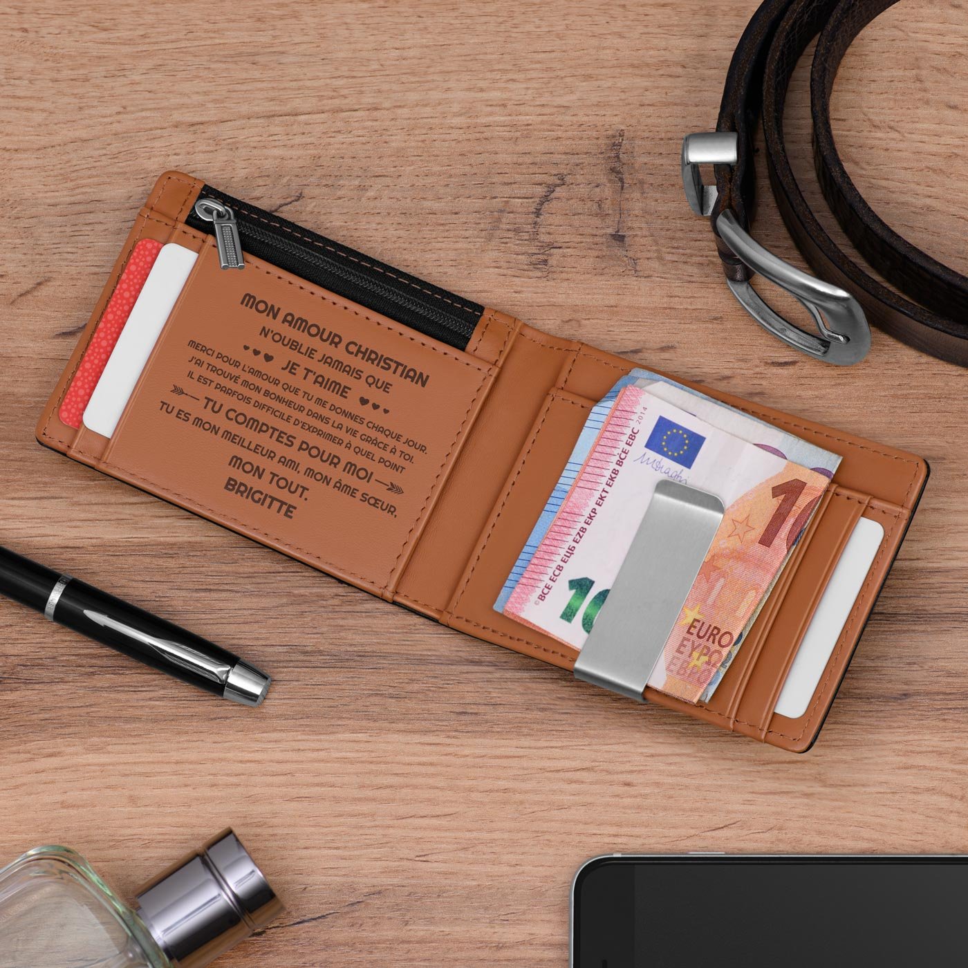 Cartera Murrano de Cuero Delgado Negro Liso con Forro Marrón Personalizado para Hombre, Aniversario de Boda