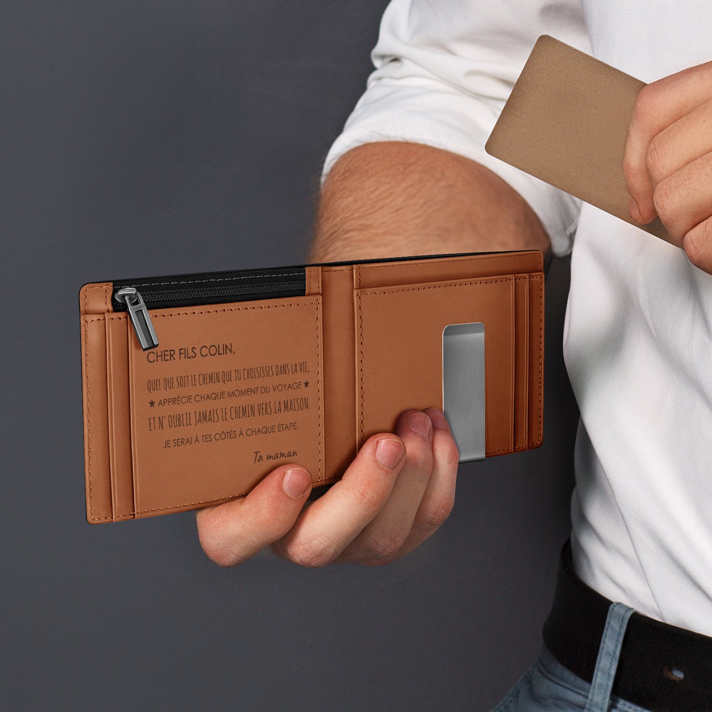 Billetera Murrano Slim de Cuero Negro con Interior Marrón y Grabado Personalizado para el Cumpleaños de Mi Hijo