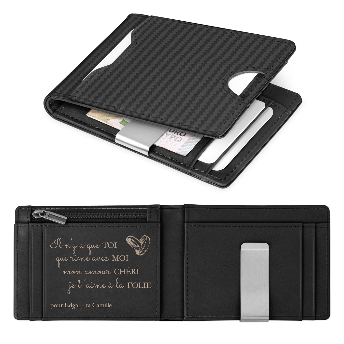 Billetera delgada de Murrano en cuero negro de carbono personalizada para esposo en el Día de San Valentín