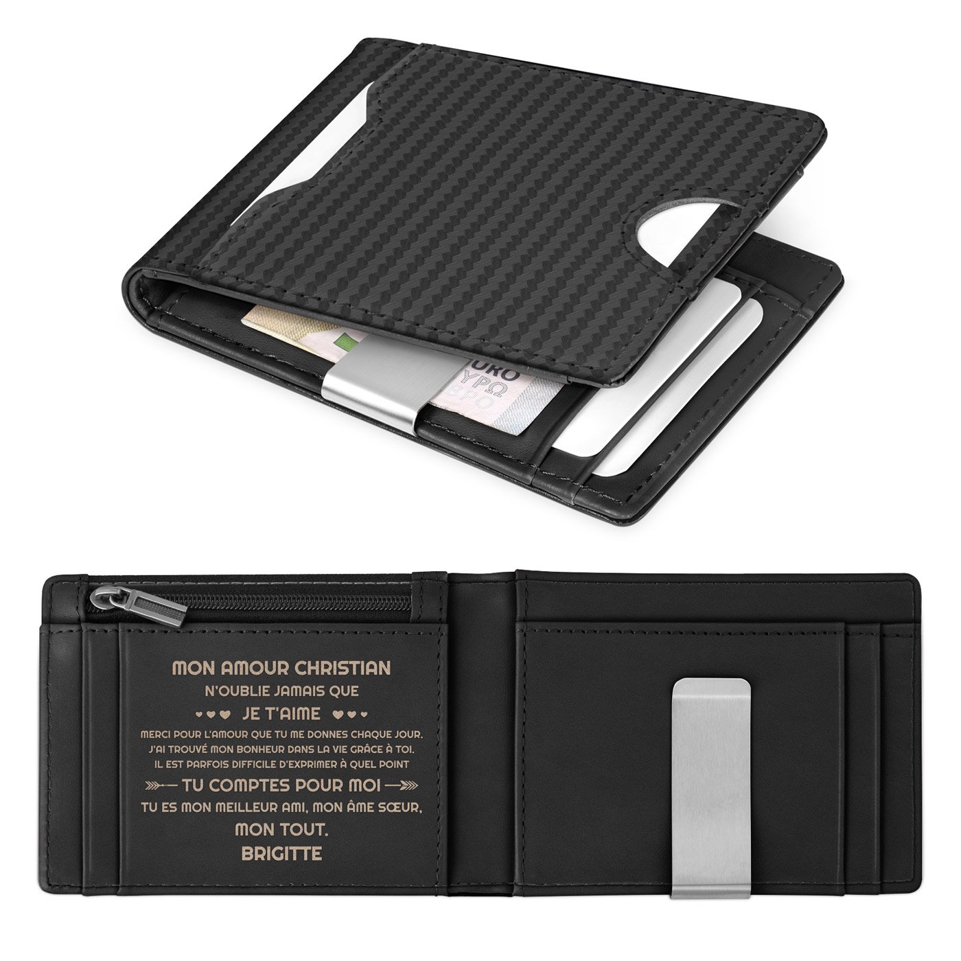 Billetera de cuero delgado en negro carbono personalizada para un mejor amigo
