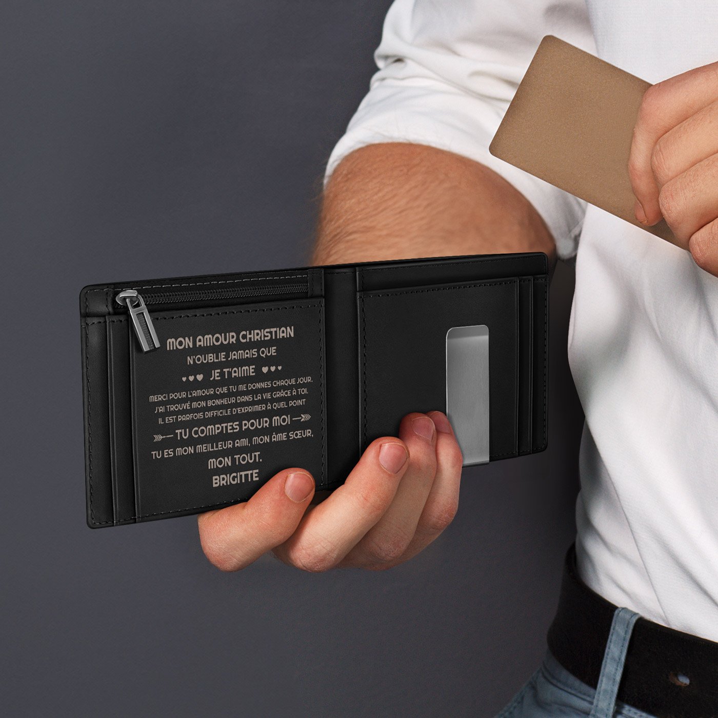 Billetera de cuero delgado en negro carbono personalizada para un mejor amigo