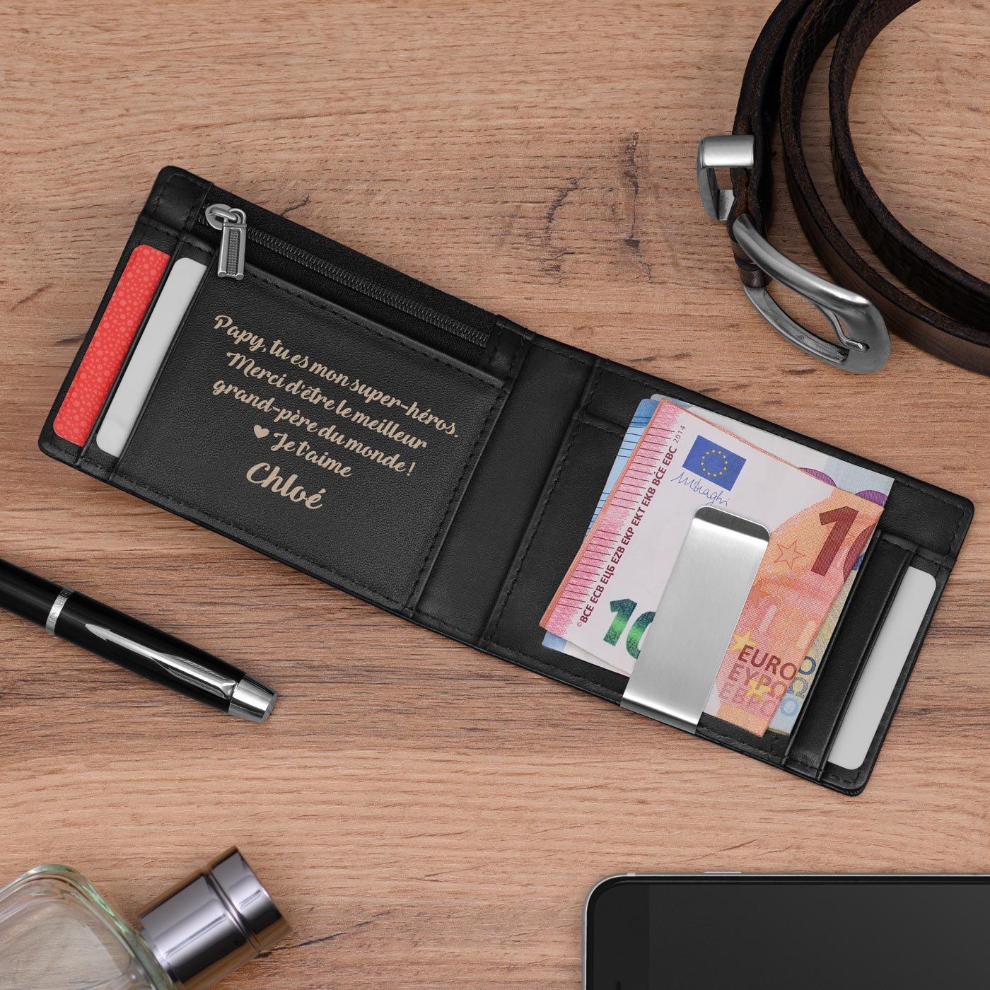 Cartera delgada de cuero negro carbono personalizada para abuelo
