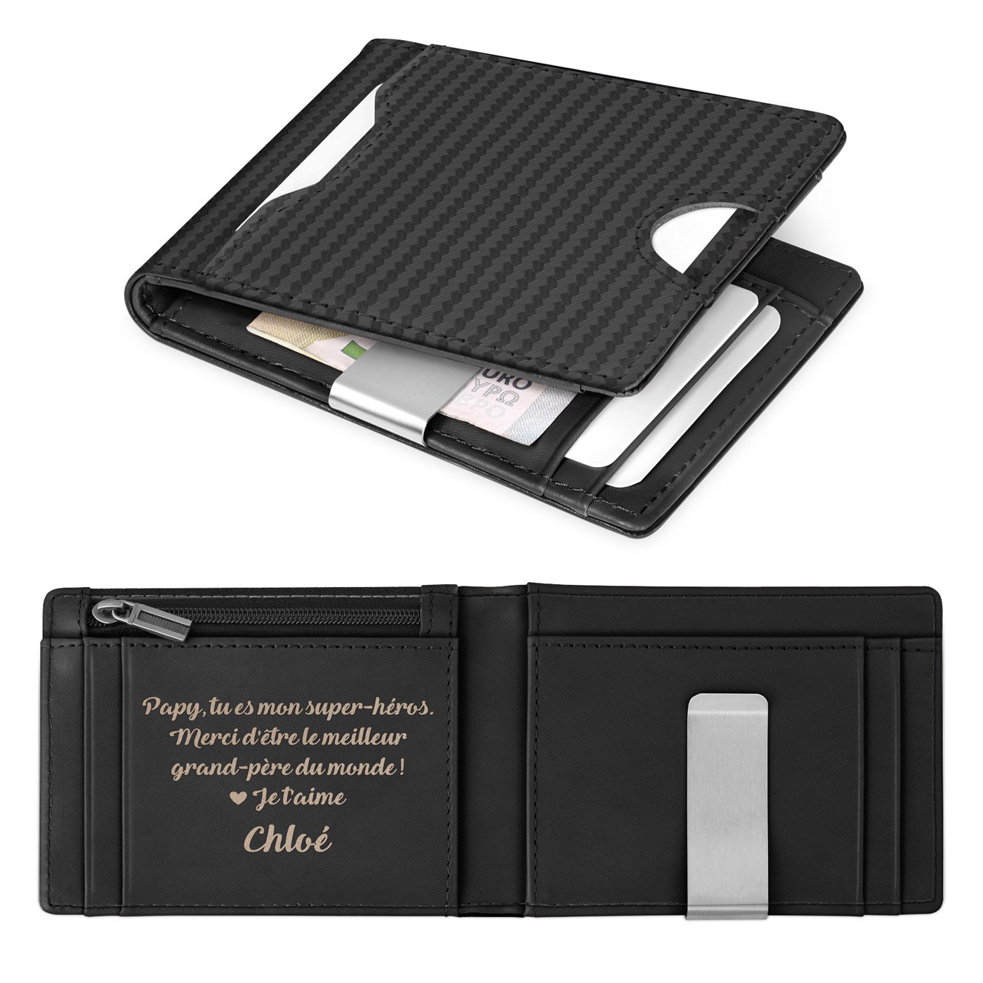 Cartera delgada de cuero negro carbono personalizada para abuelo