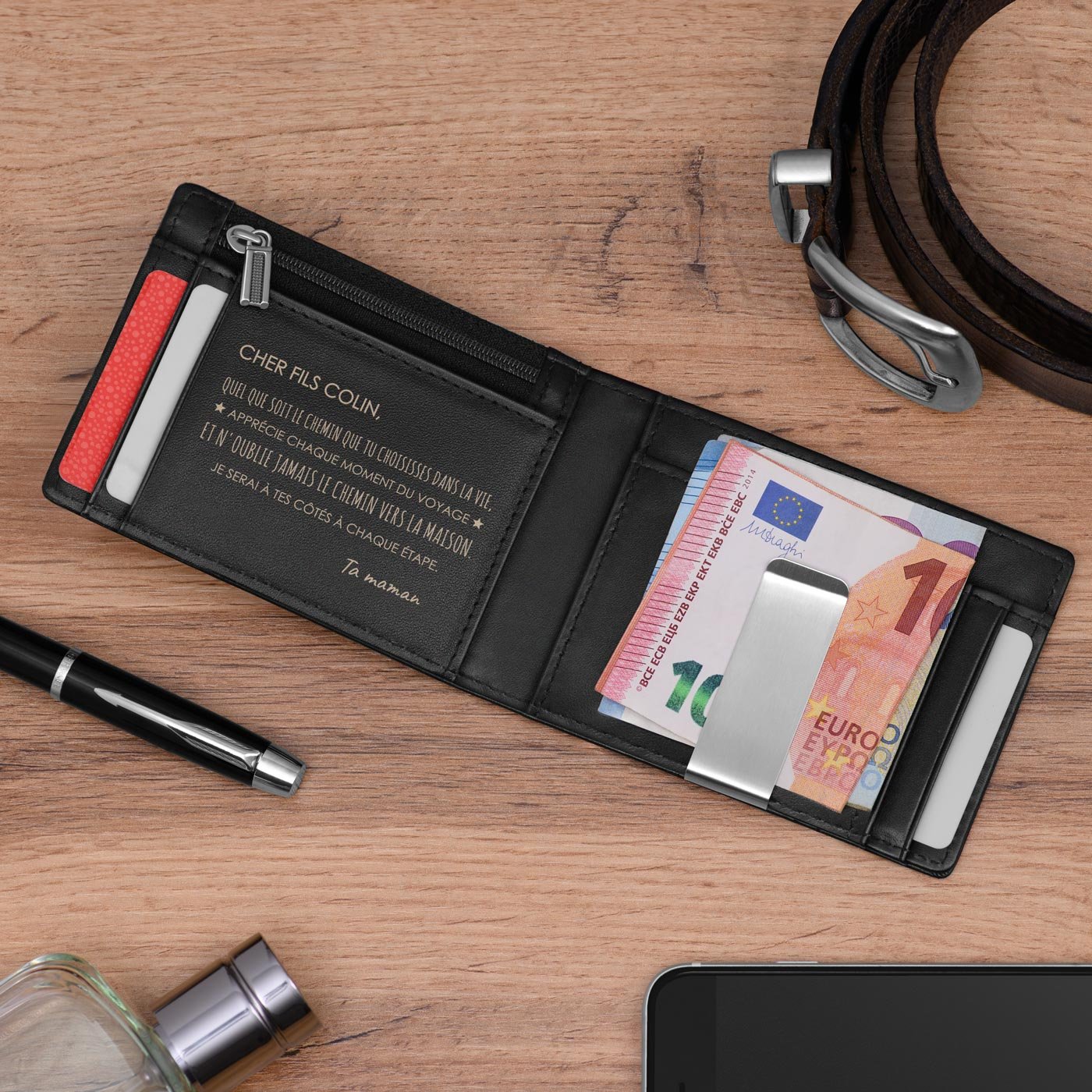 Billetera de cuero negro carbono Murrano con grabado para el cumpleaños de mi hijo