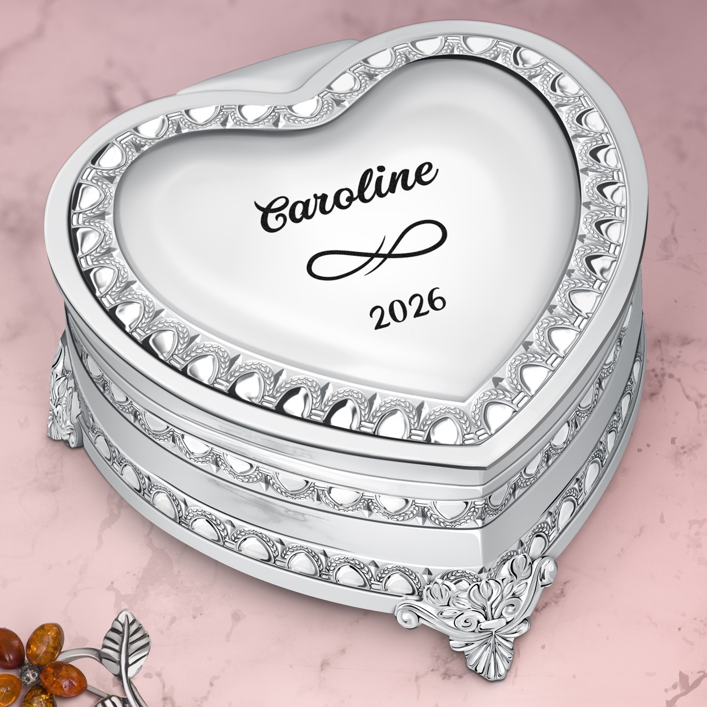 Caja de joyas en forma de corazón de acero plateado Murrano con grabado láser para el cumpleaños de una mujer