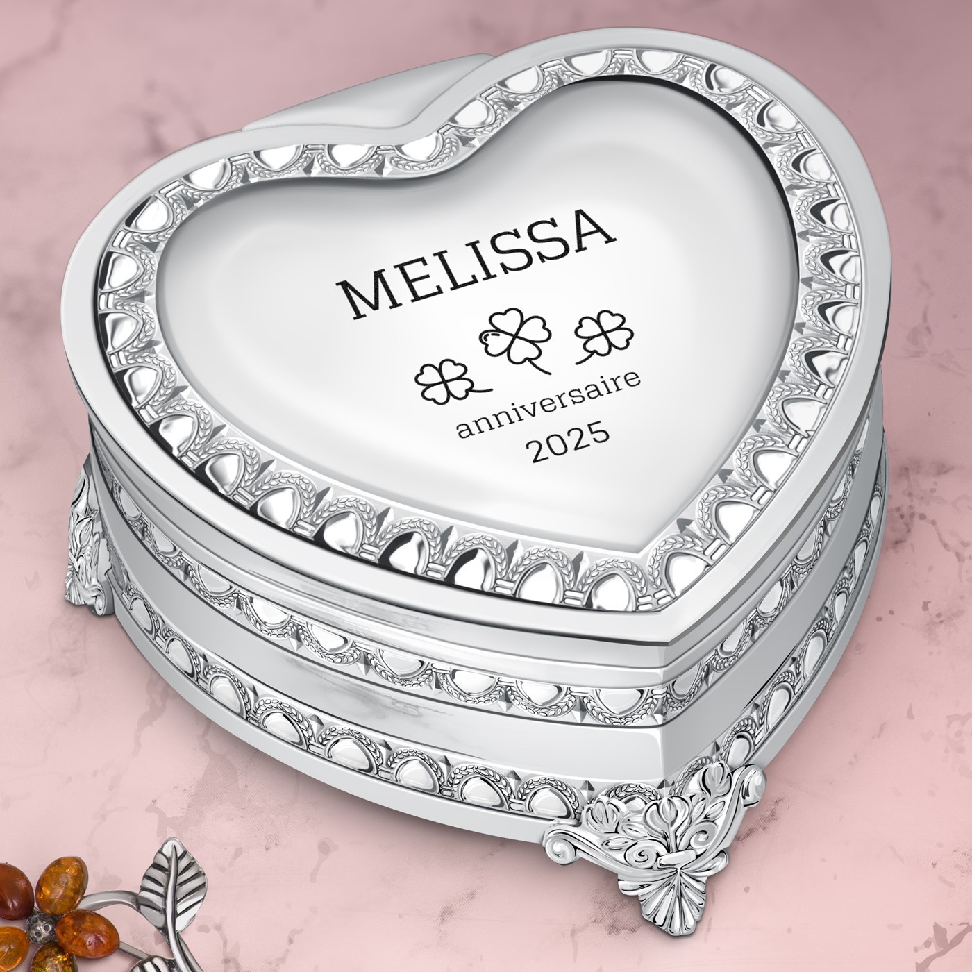Caja de joyas en forma de corazón de acero plateado Murrano con grabado para el cumpleaños de una amiga