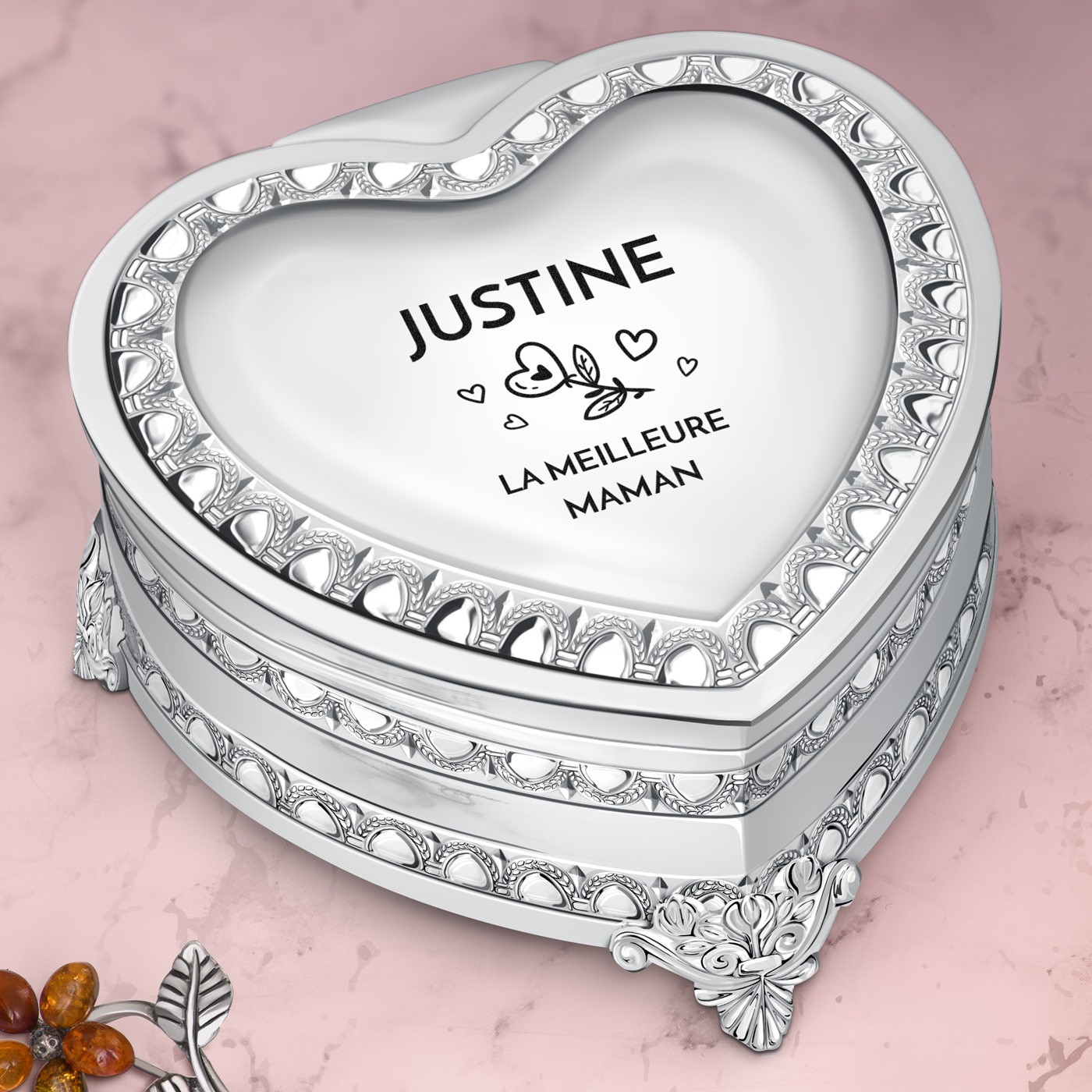 Caja de joyas en forma de corazón de acero plateado Murrano con grabado personalizado para el Día de las Madres