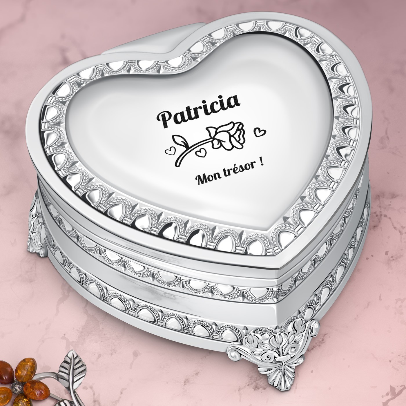 Caja de joyas en forma de corazón de acero plateado Murrano con grabado para mujer - Regalo del Día de San Valentín